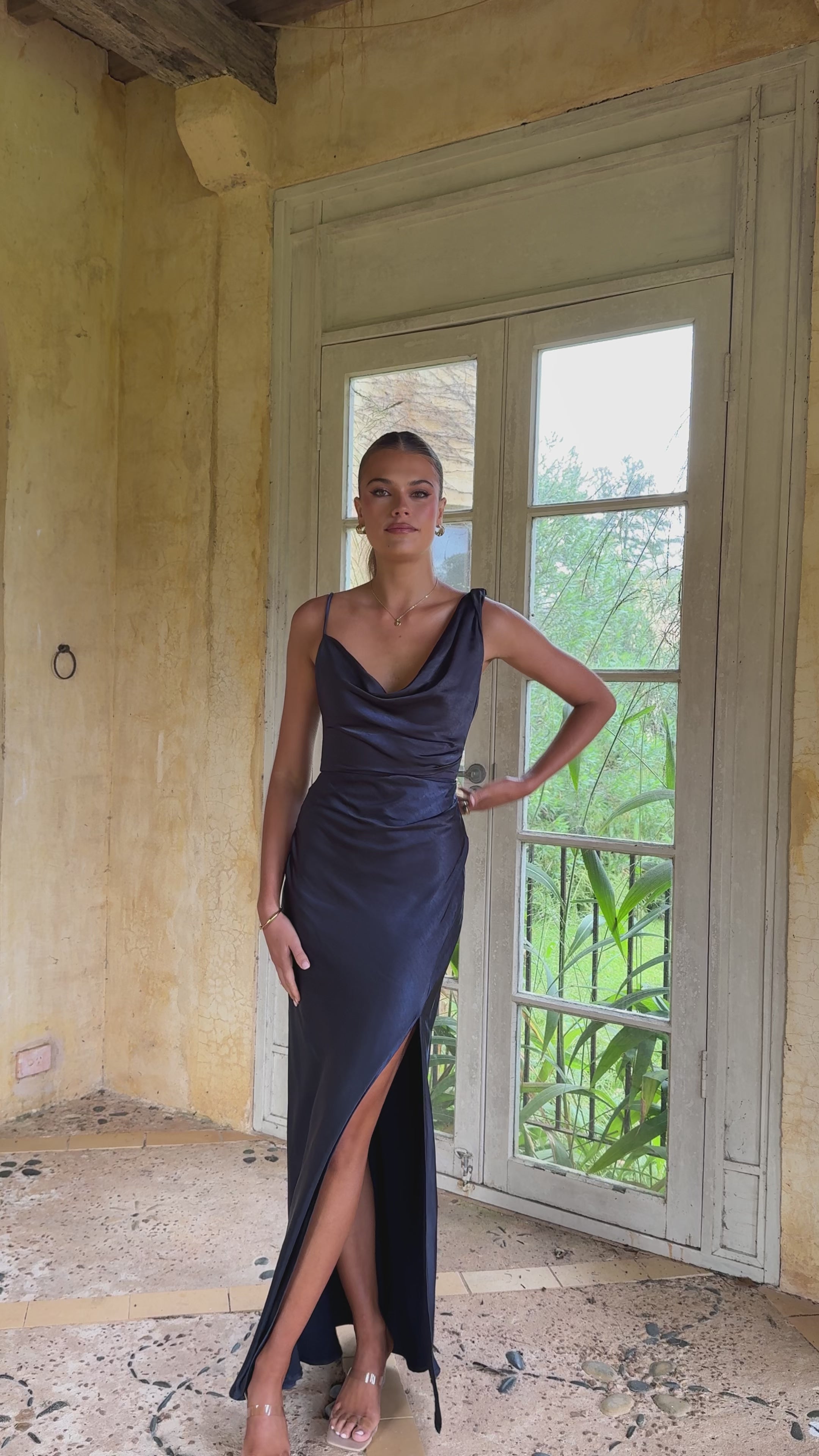 Load video: Iris Asymmetrical Maxi Dress - Navy - Billy J