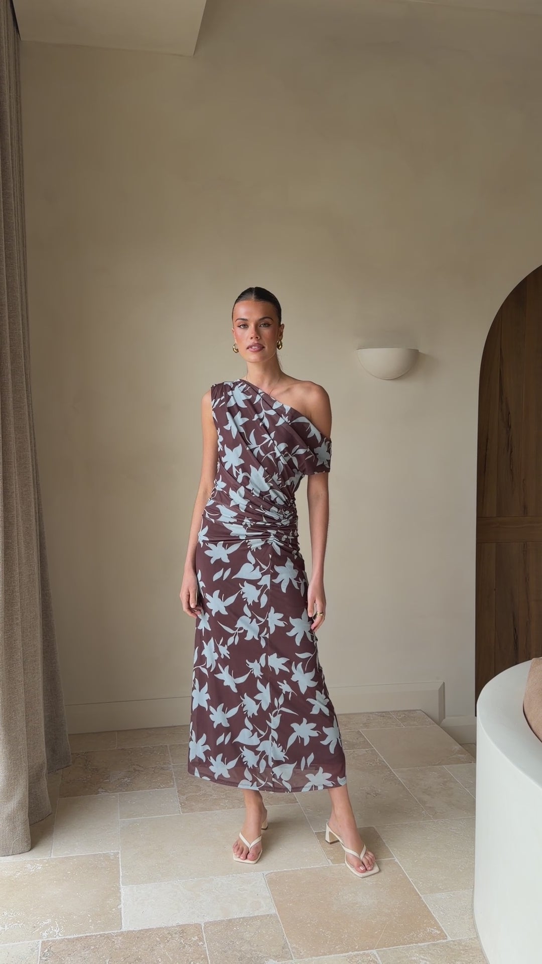 Load video: Nova Maxi Dress - Chocolate/Blue Print - Billy J