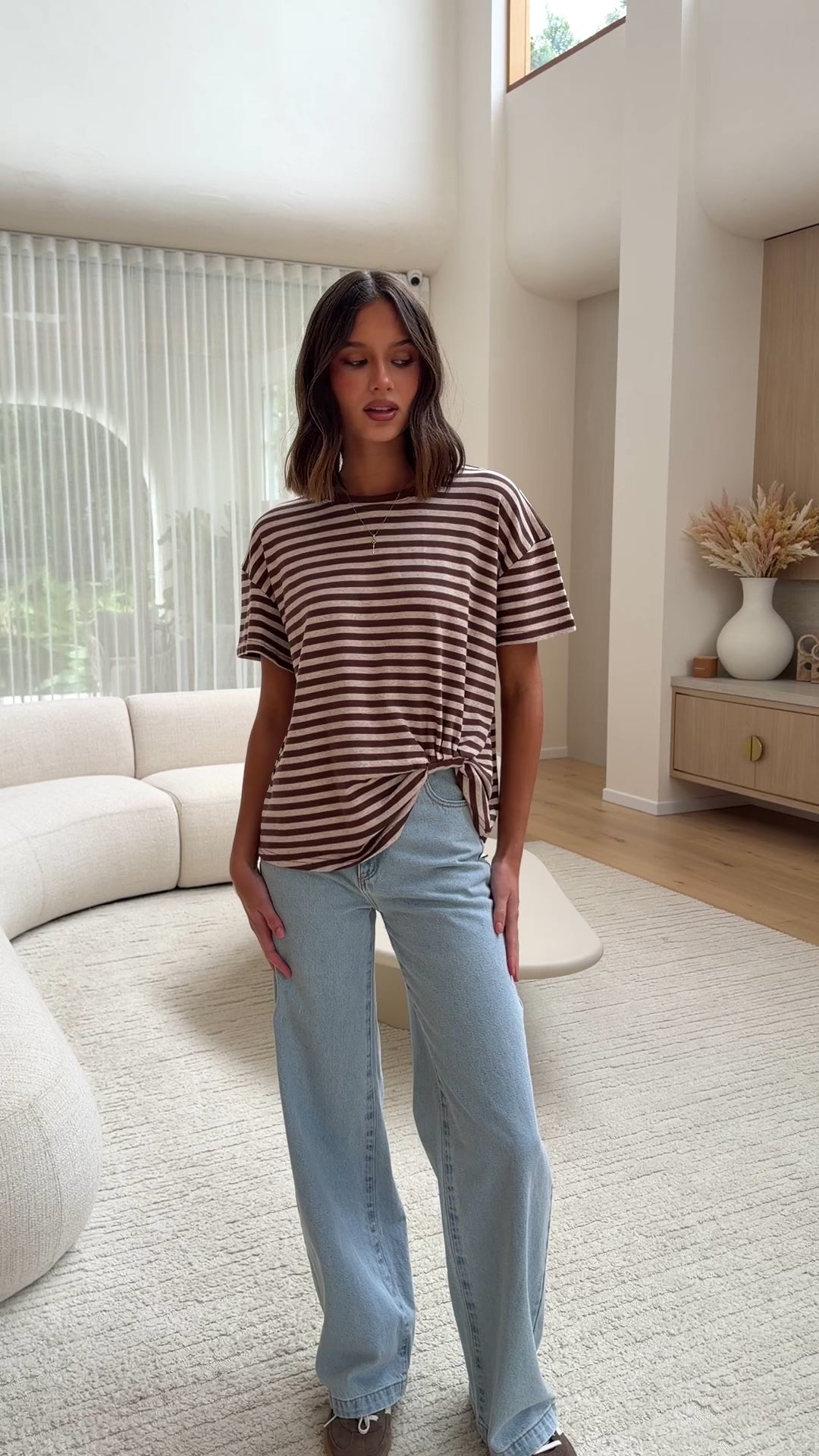 Load video: Clara Tee - Brown/Beige Stripe - Billy J