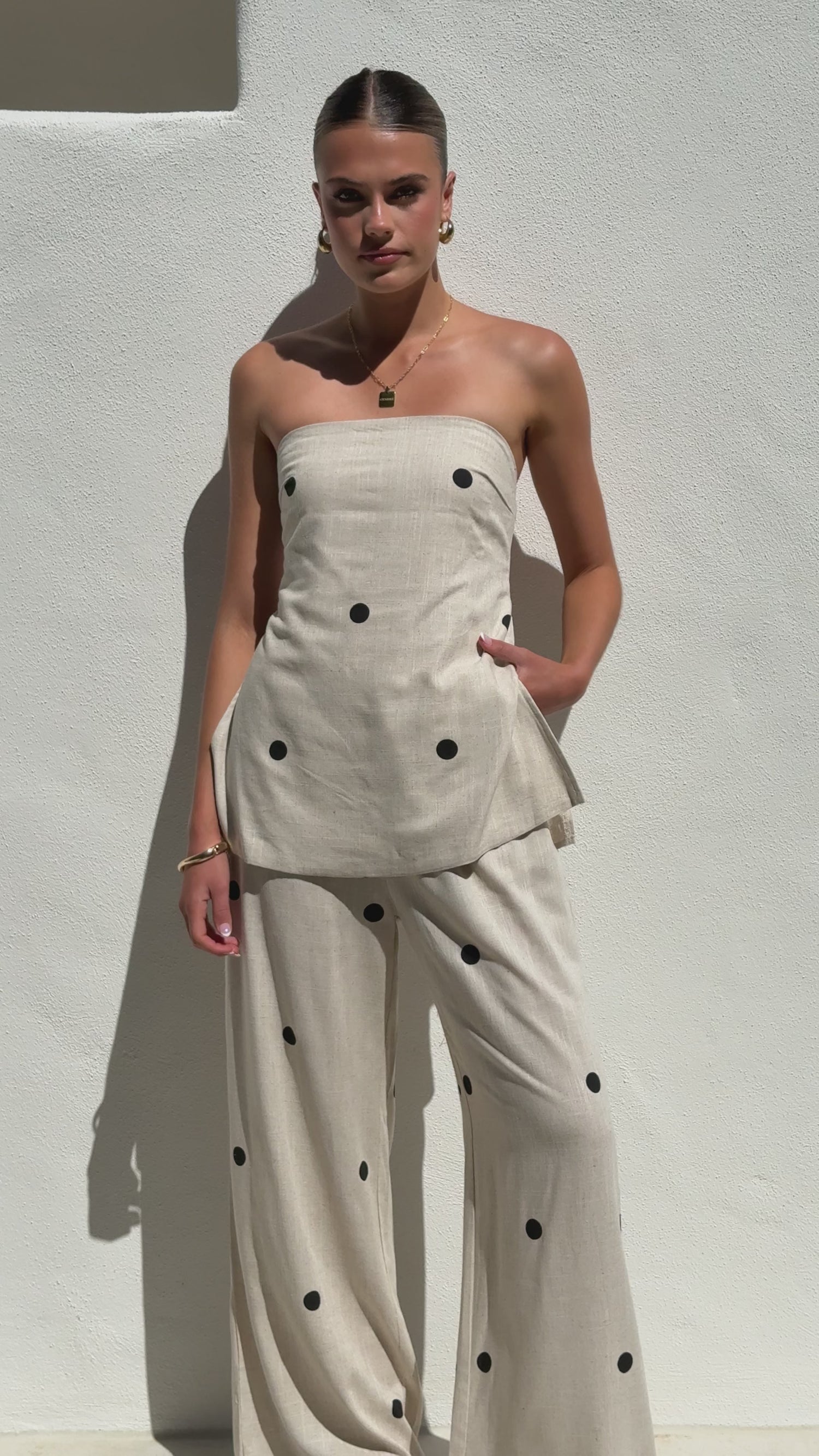 Kailani Strapless Top and Pants Set - Oatmeal / Black Polka Dot - Billy J