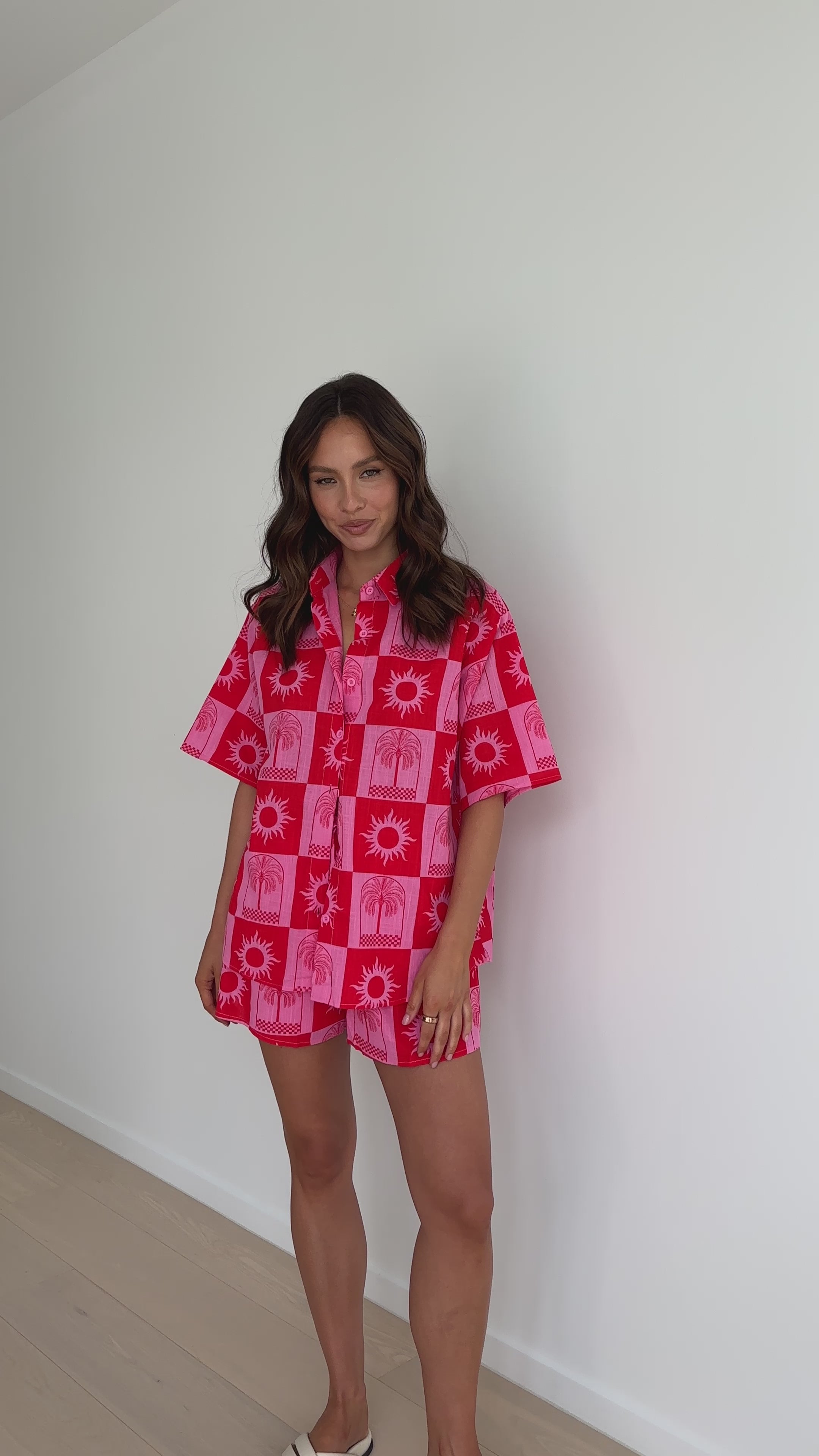 Charli Button Up Shirt and Shorts - Pink/Red Sun Palm Checkers Print