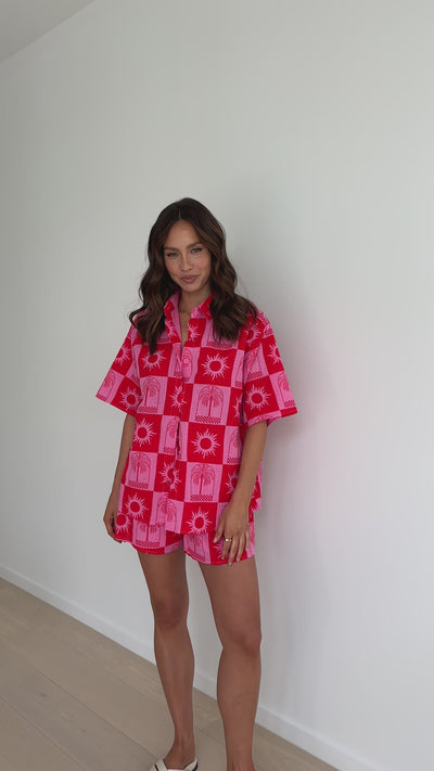 Load and play video in Gallery viewer, Charli Button Up Shirt and Shorts - Pink/Red Sun Palm Checkers Print
