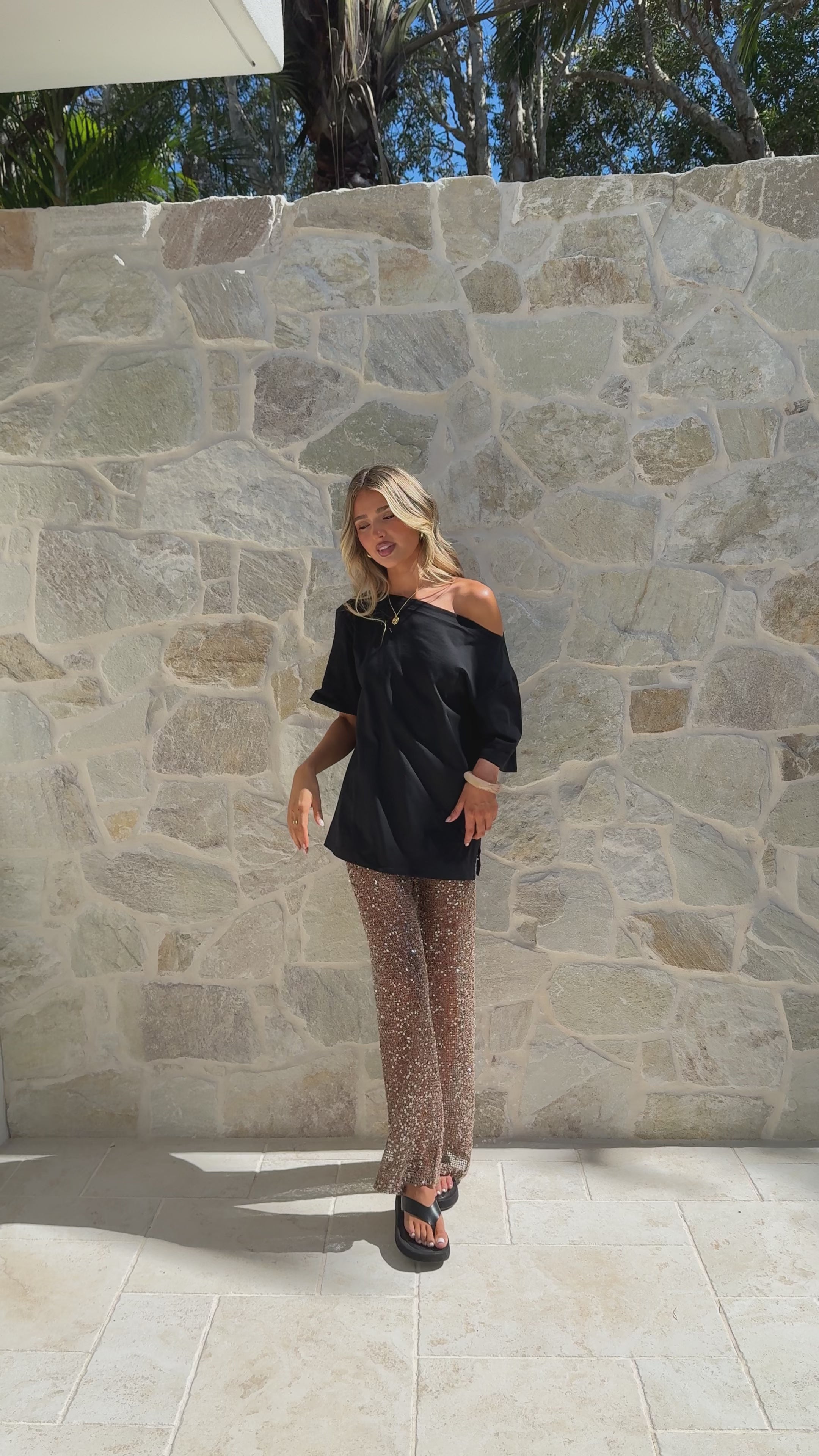 Load video: Zinnia Sequins Pant - Mocha - Billy J