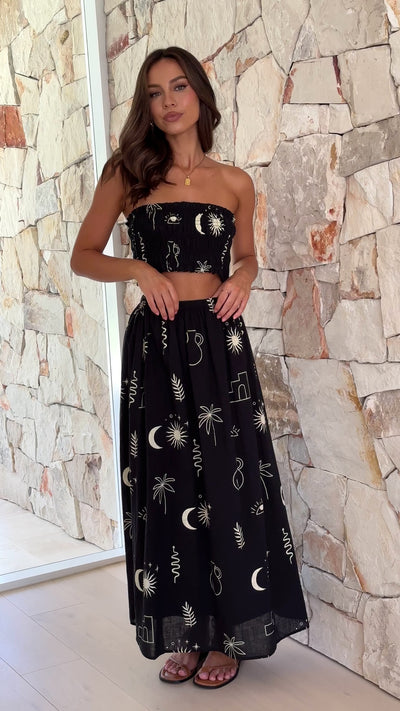 Load and play video in Gallery viewer, Abeba Strapless Top and Midi Skirt Set - Black / Beige Sun Vase
