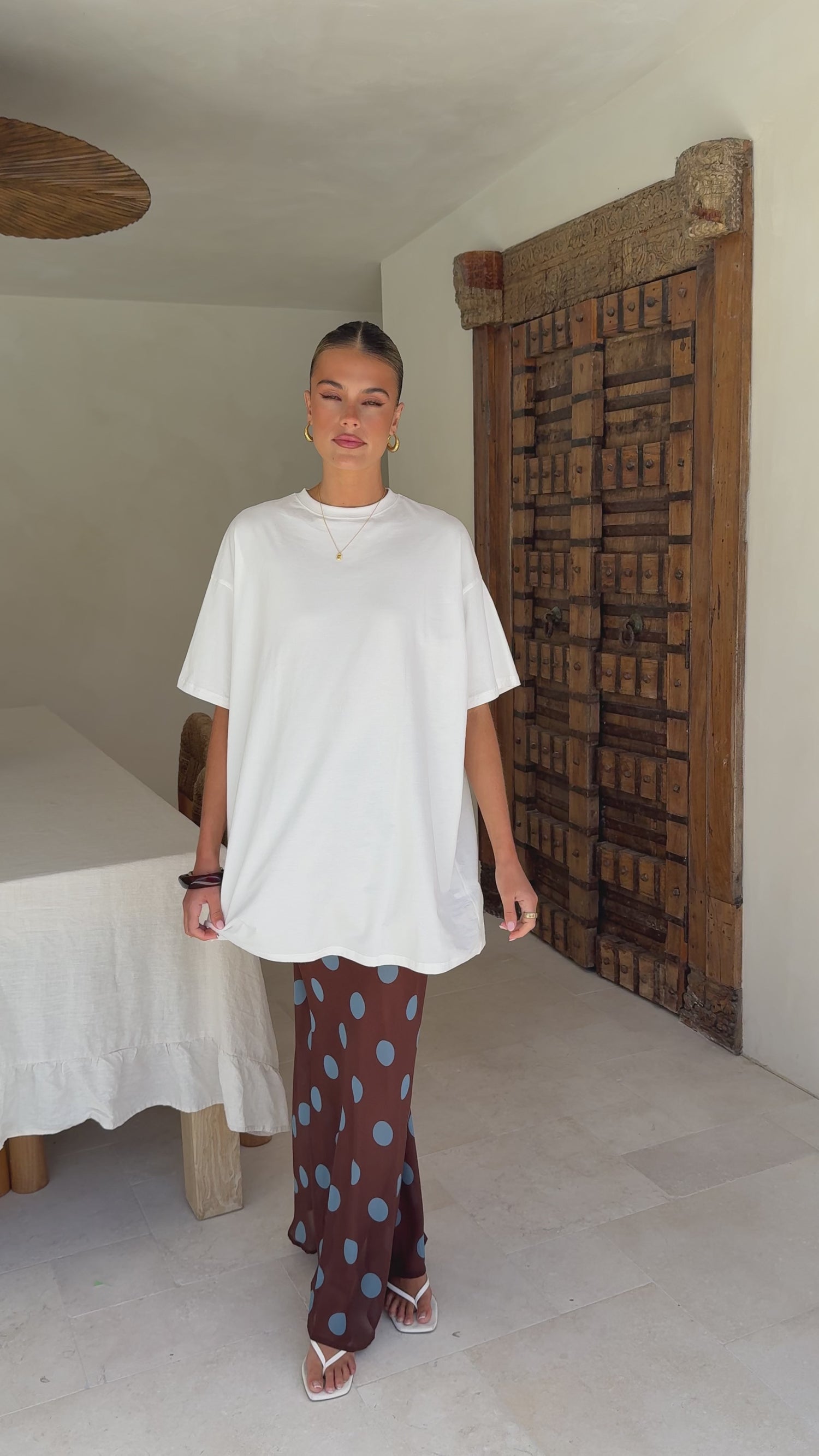 Yumi Oversized Tee and Sheer Skirt Set - White/Brown/Blue Polka - Billy J