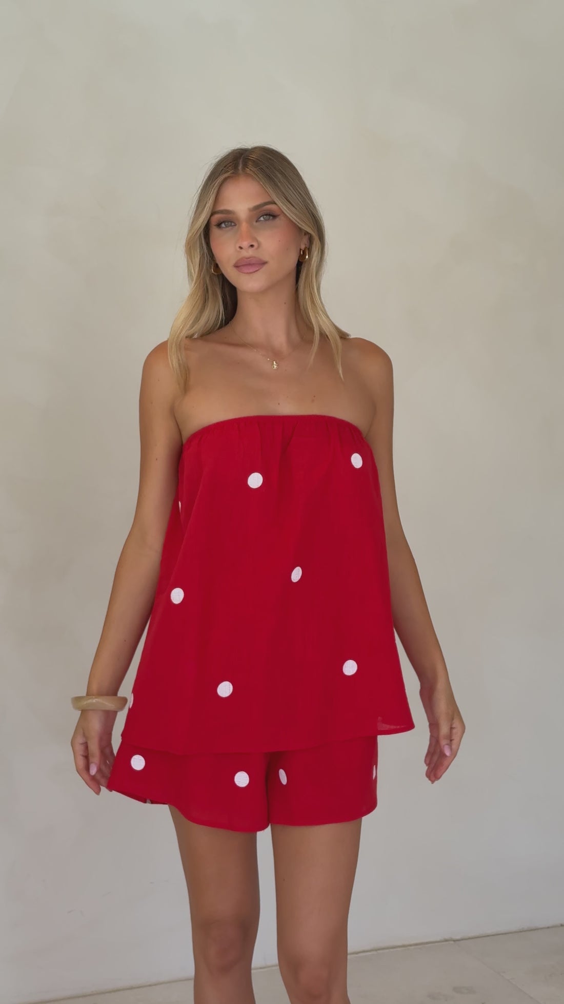 Calliope Strapless Top and Shorts Set - Red/White Polka Dot - Billy J