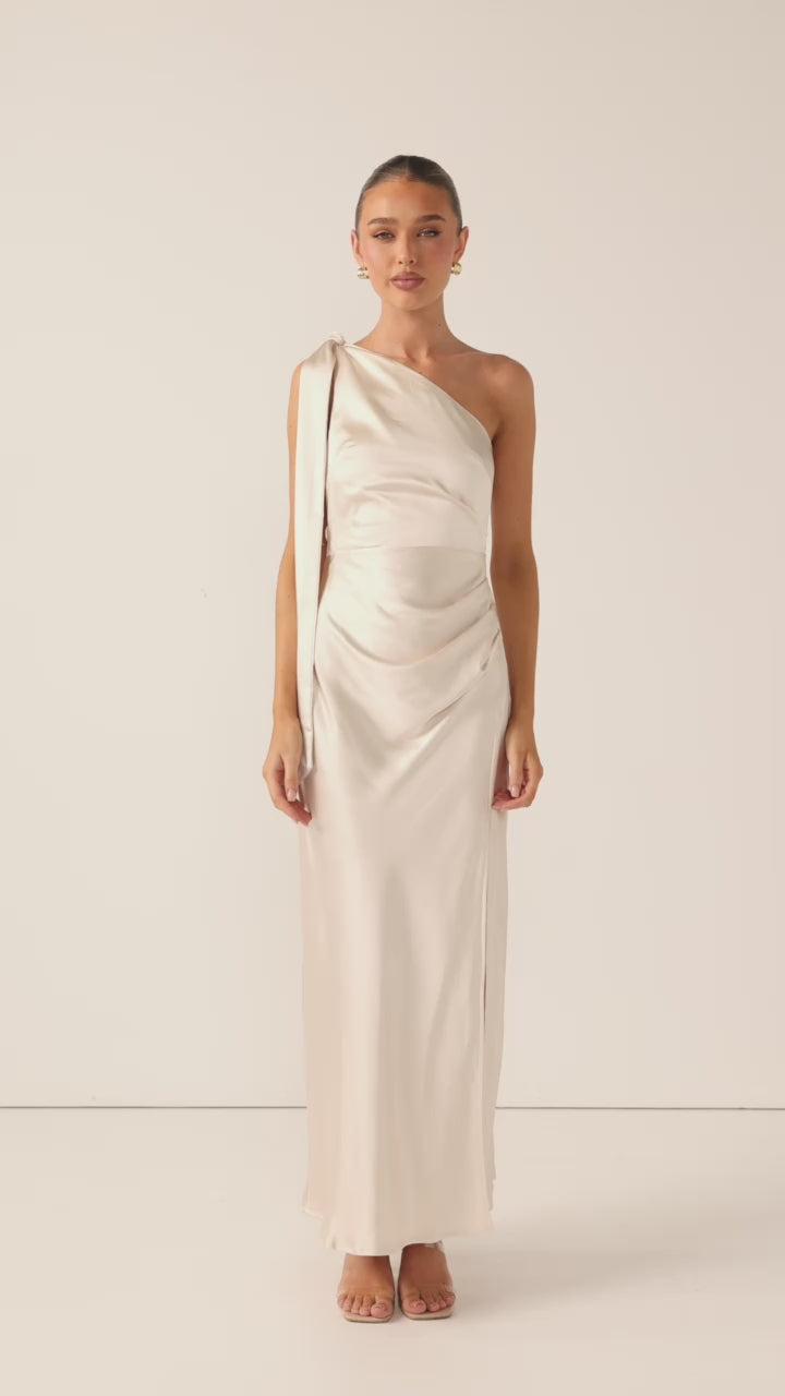 Load video: Halle One Shoulder Maxi Dress - Champagne