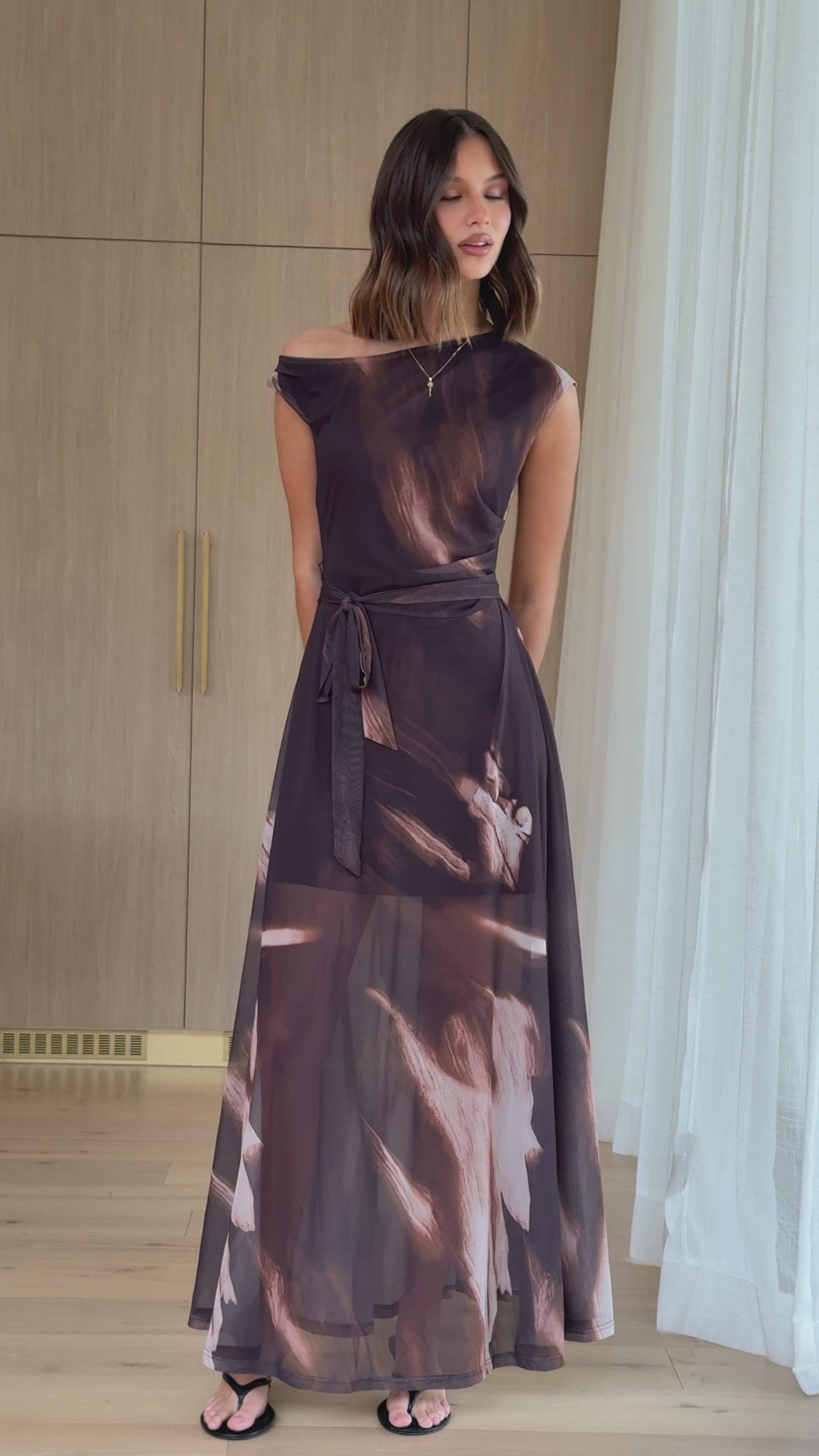 Load video: Gemma Sheer Maxi Dress - Cocoa Ochre - Billy J