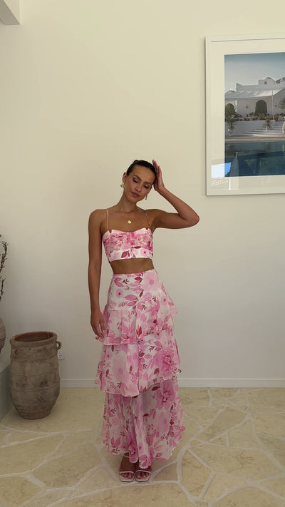 Load and play video in Gallery viewer, Maeva Maxi Skirt - Pink / White Print
