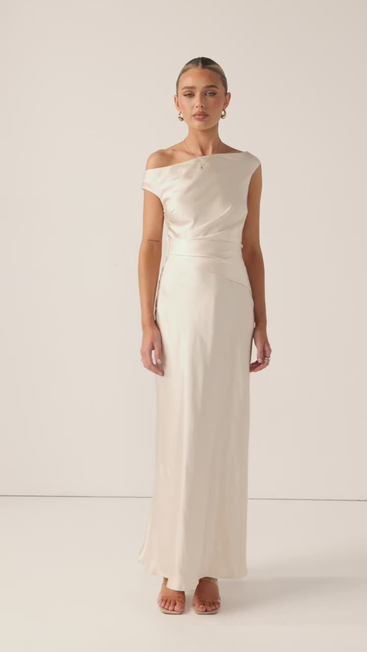 Load video: Auria Off Shoulder Maxi Dress - Champagne - Billy J