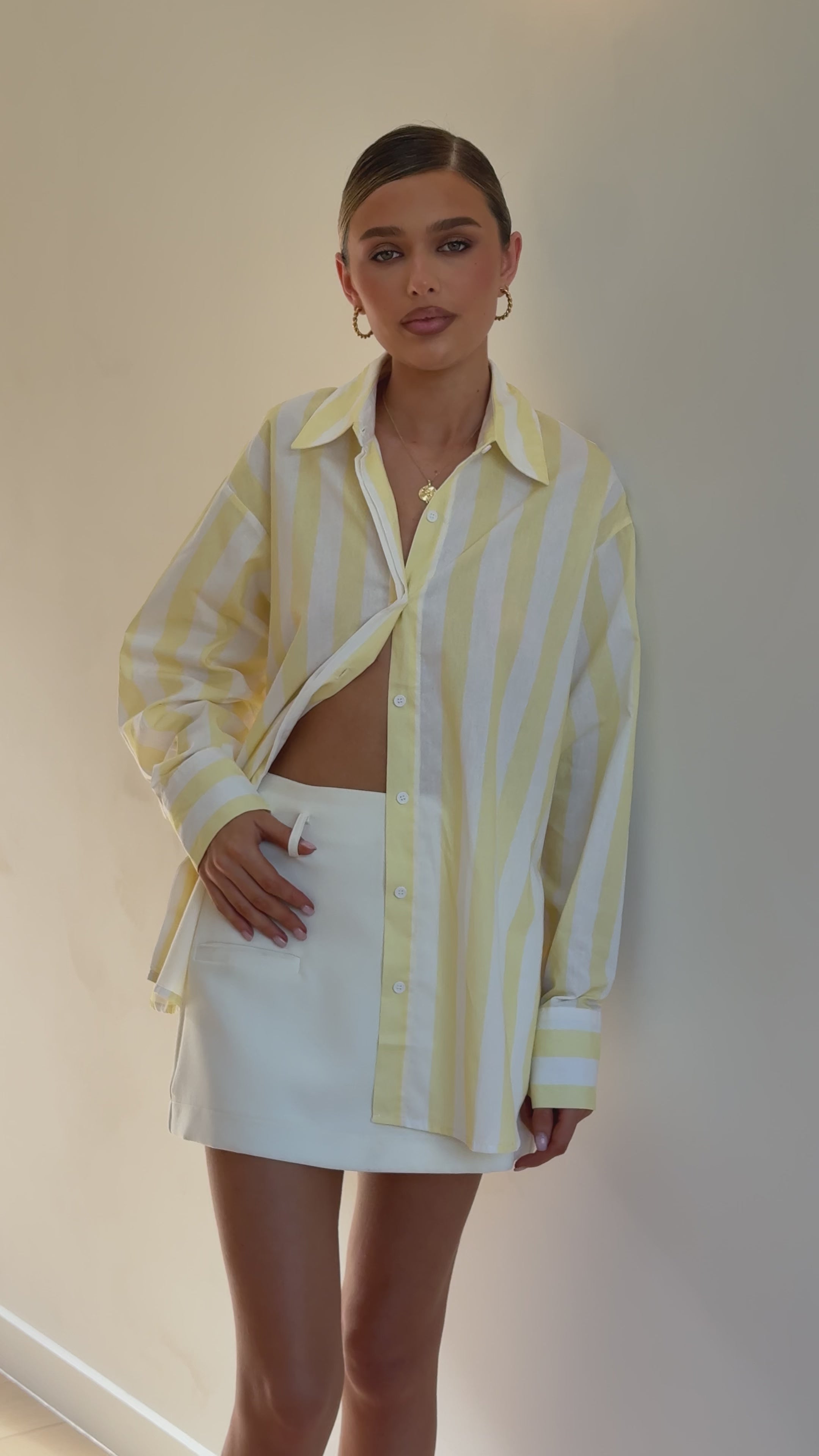 Load video: Florabel Button Up Shirt - Yellow/White Stripe - Billy J