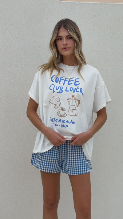 Load and play video in Gallery viewer, Coffee Club Lover Top and Shorts Set - White/Blue - Billy J
