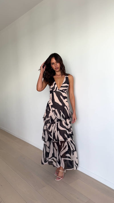 Load and play video in Gallery viewer, Raddix Maxi Dress - Black / Beige Print
