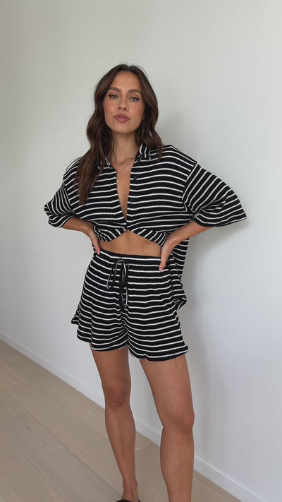 Load and play video in Gallery viewer, Lacole Button Up Shirt and Shorts Set - Black / White Stripe
