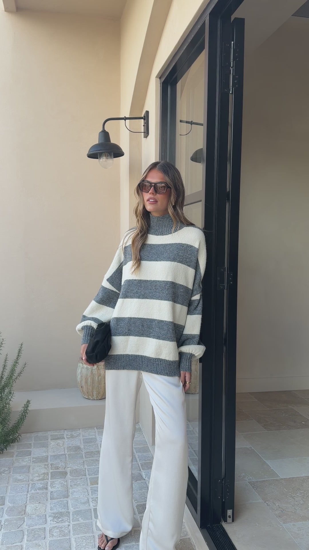 Load video: Harita Knitted Sweater - Grey/Cream Stripe - Billy J