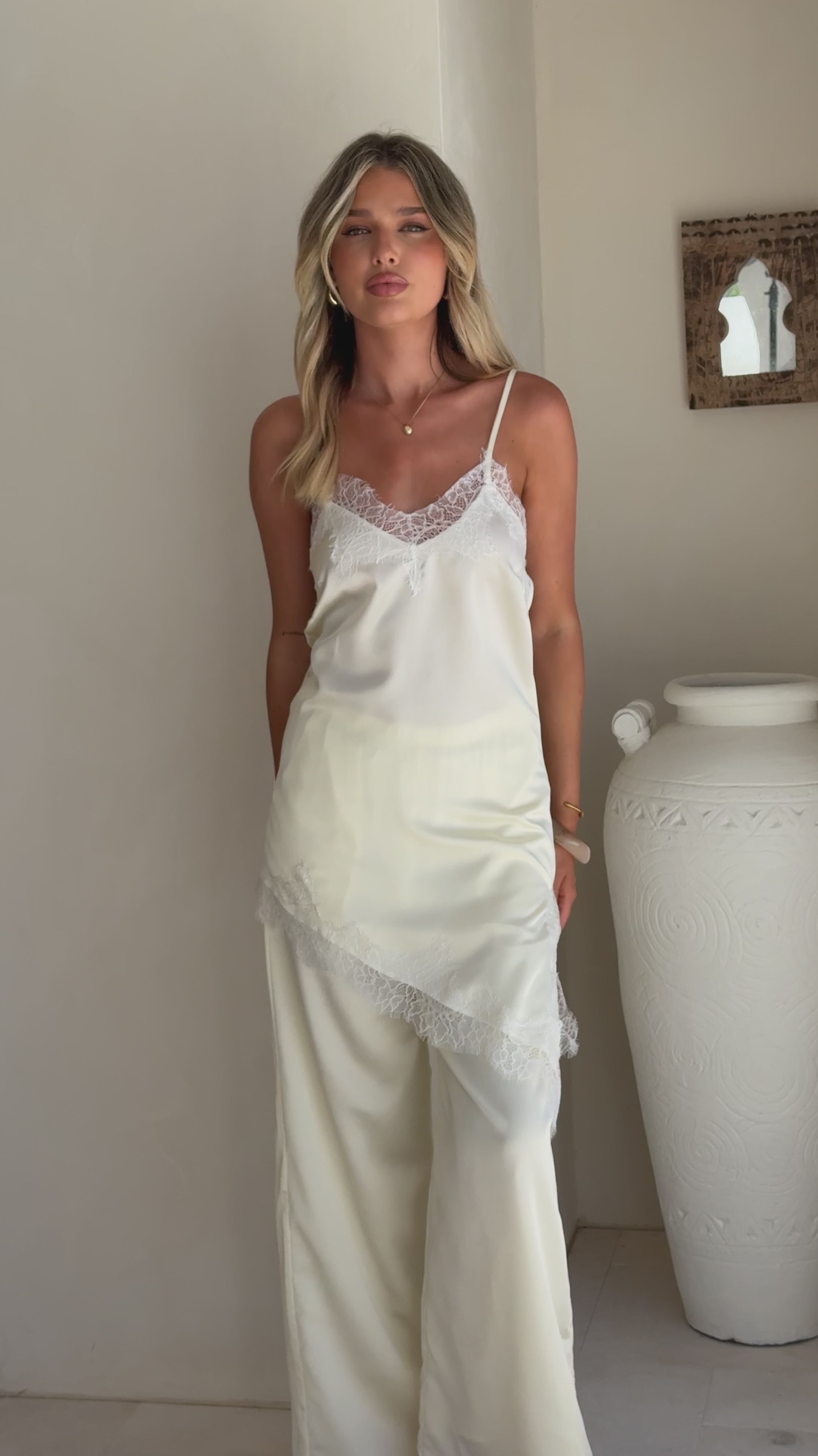 Load video: Hayleigh Asymmetrical Top and Pants Set - Cream/Lace - Billy J