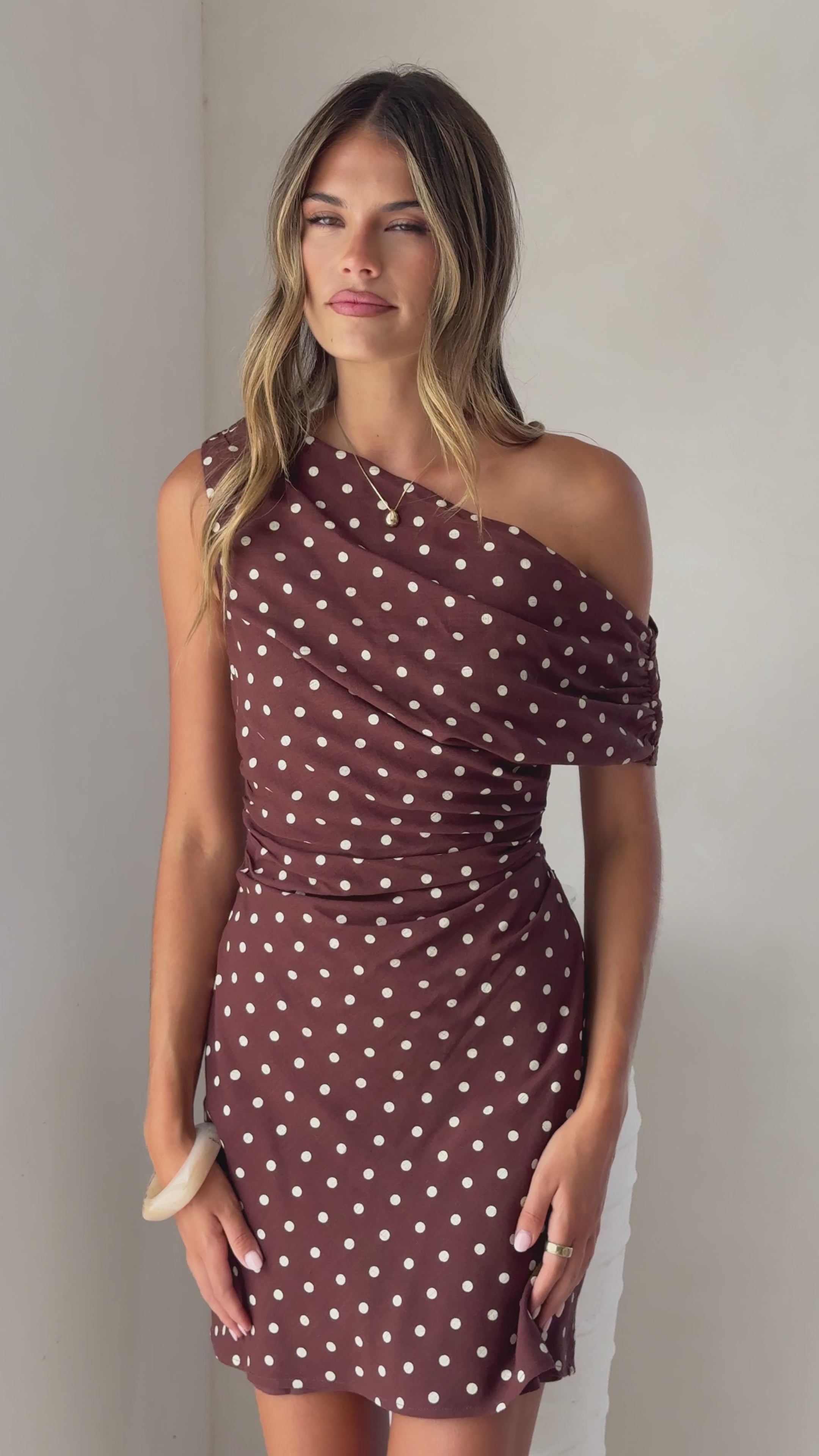 Load video: Benni Asymmetric Mini Dress - Chocolate/Nude Spot - Billy J