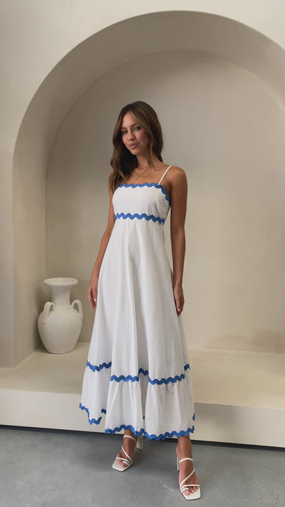 Load and play video in Gallery viewer, Brodey Midi Dress - White / Blue
