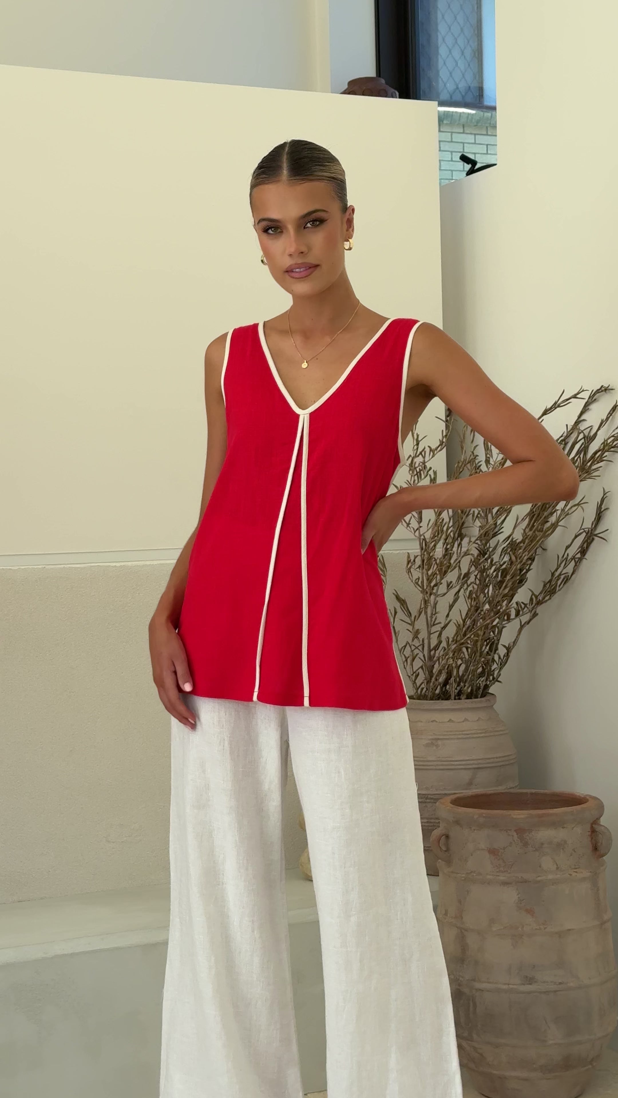 Loren V Neck Sleeveless Top - Red/White