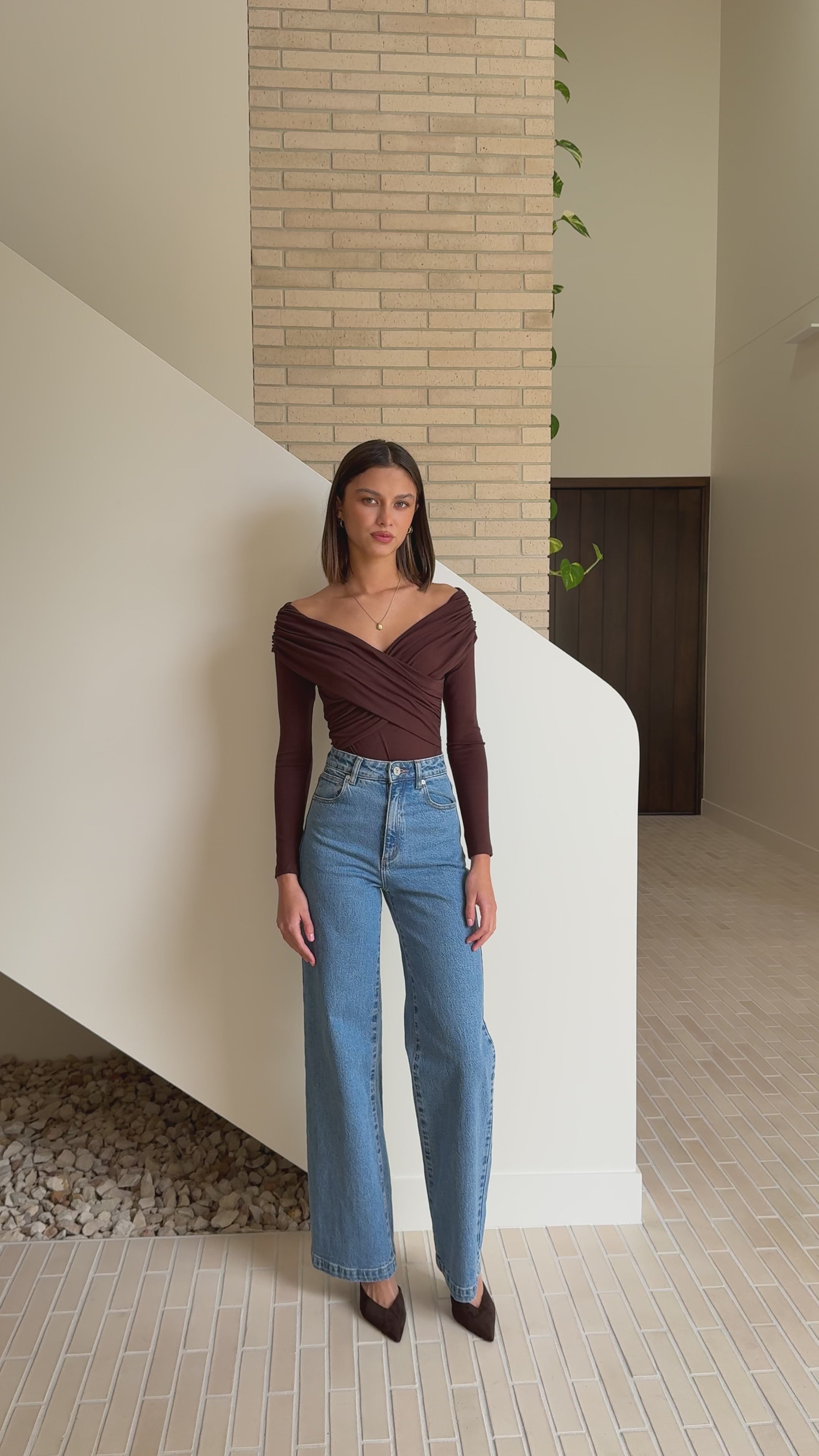 Load video: Elkie Off Shoulder Bodysuit - Chocolate - Billy J