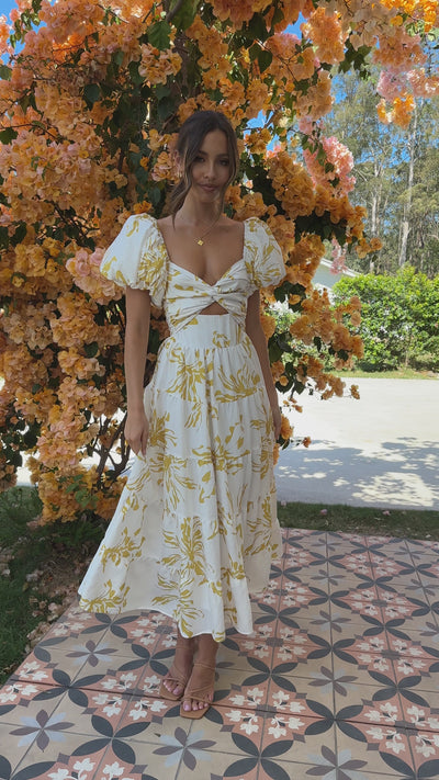 Load and play video in Gallery viewer, Adena Maxi Dress - Mustard/White Floral
