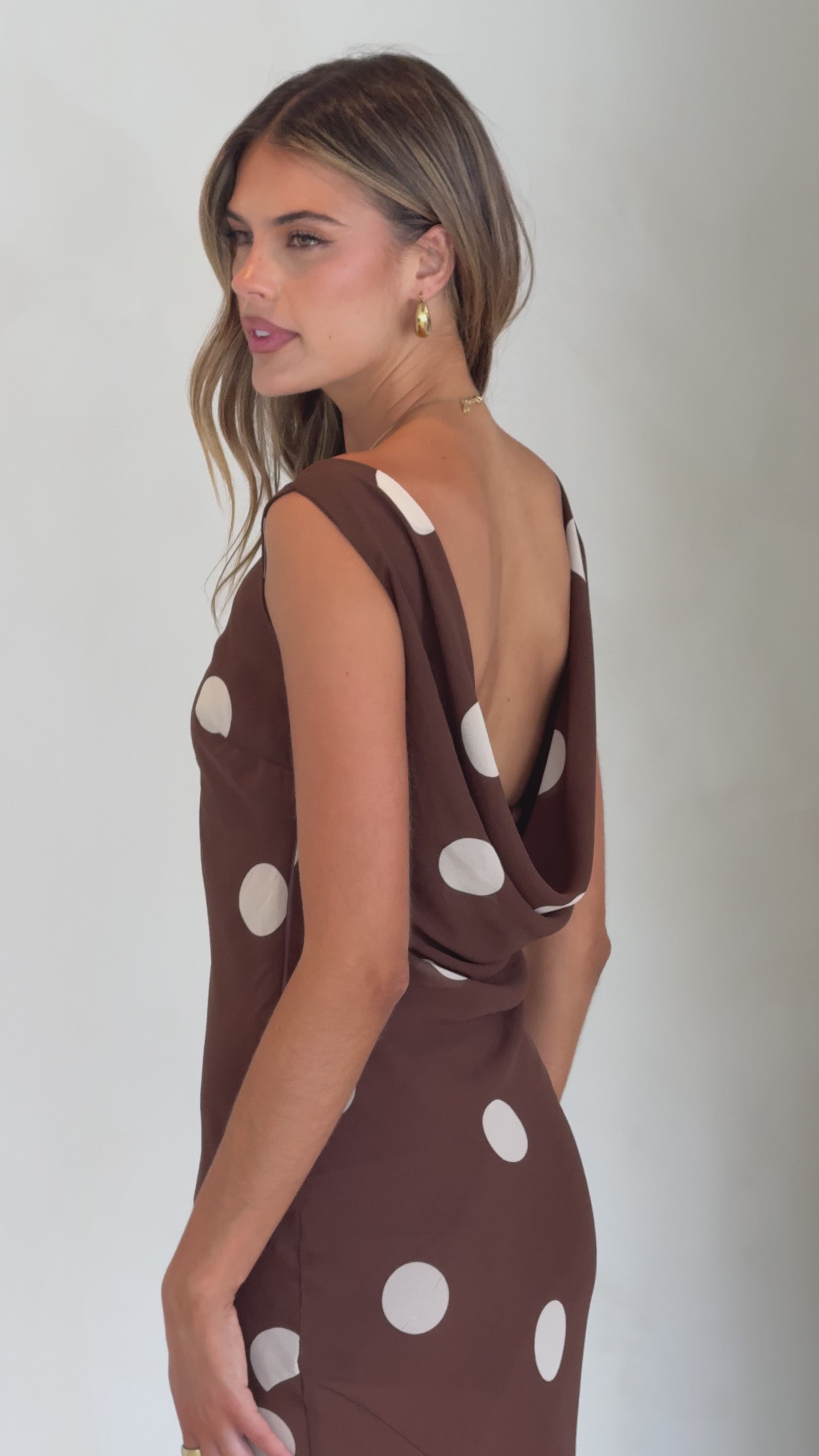 Load video: Beverly Maxi Dress - Chocolate/Cream Polka Dot - Billy J