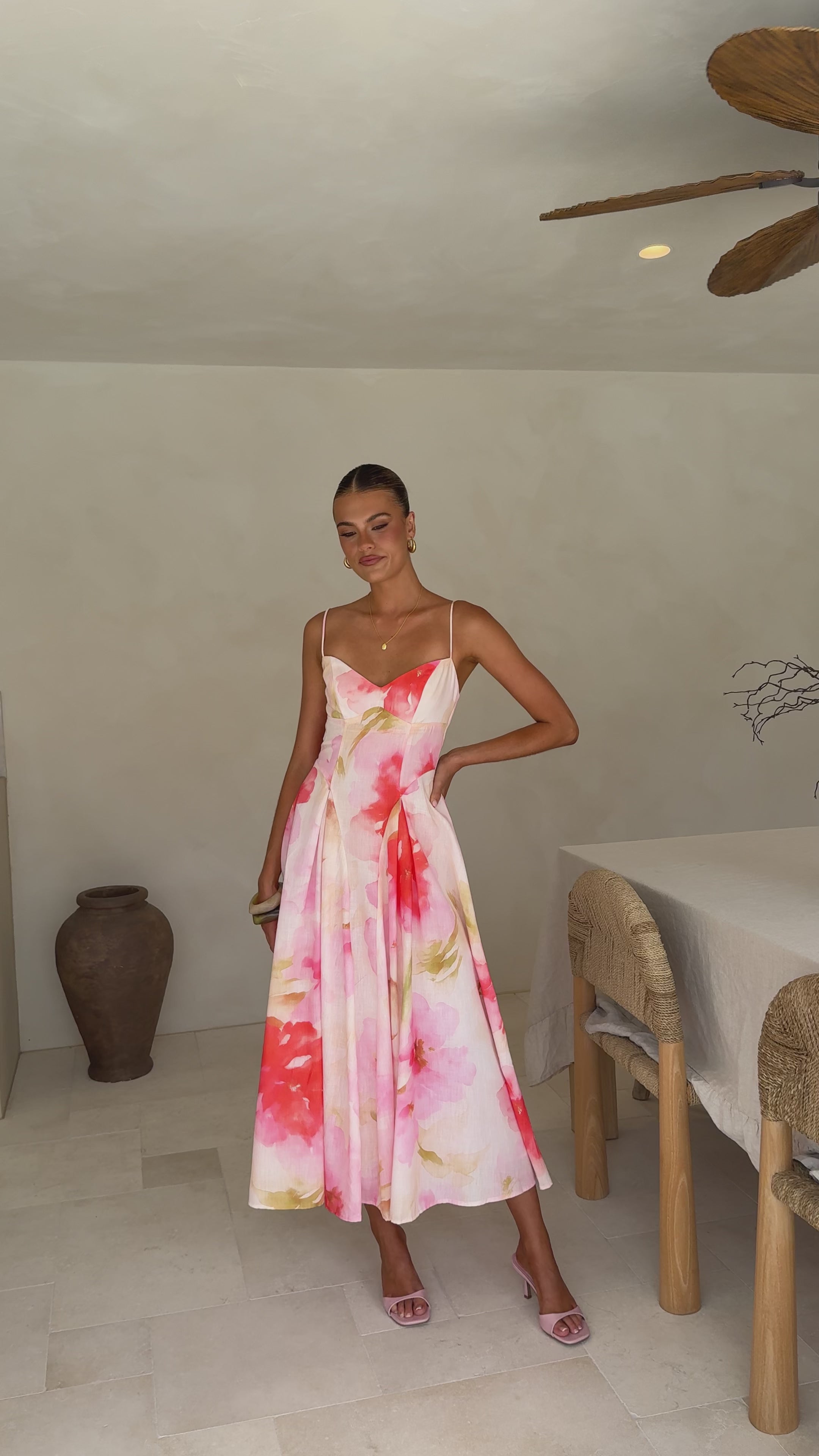 Load video: Raya Midi Dress - Pink Floral - Billy J