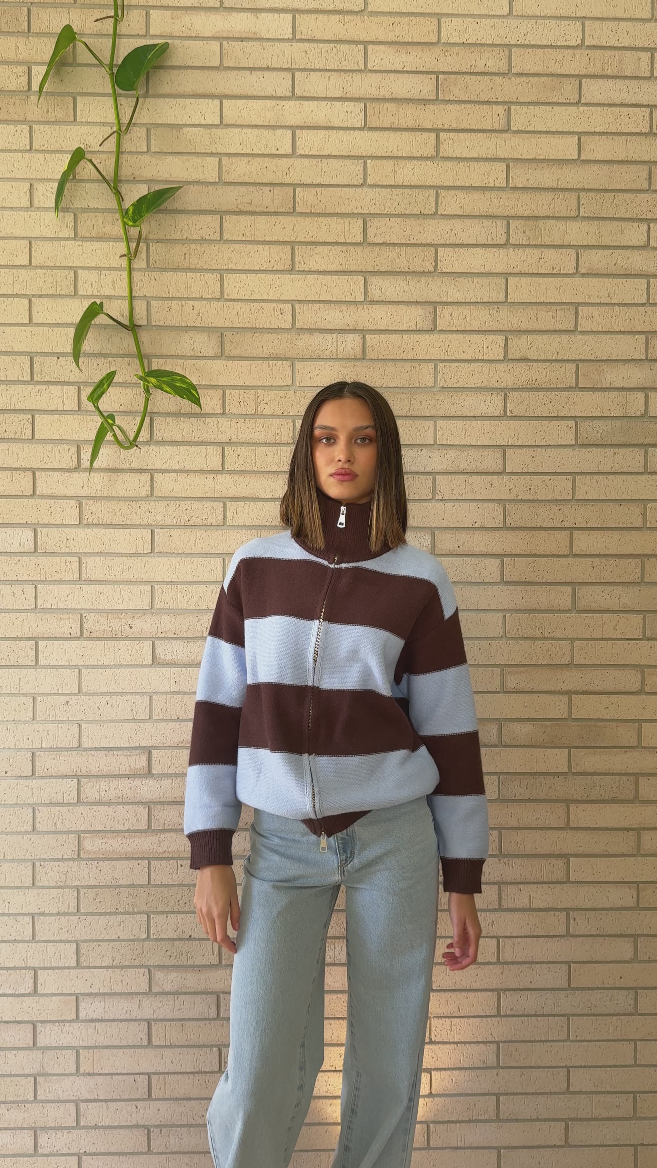 Load video: Tyla Zip-Up Sweater - Brown/Blue Stripe - Billy J