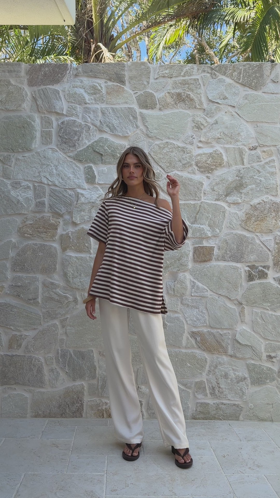 Load video: Pia One Shoulder Oversize Tee - Choc/White Stripe - Billy J