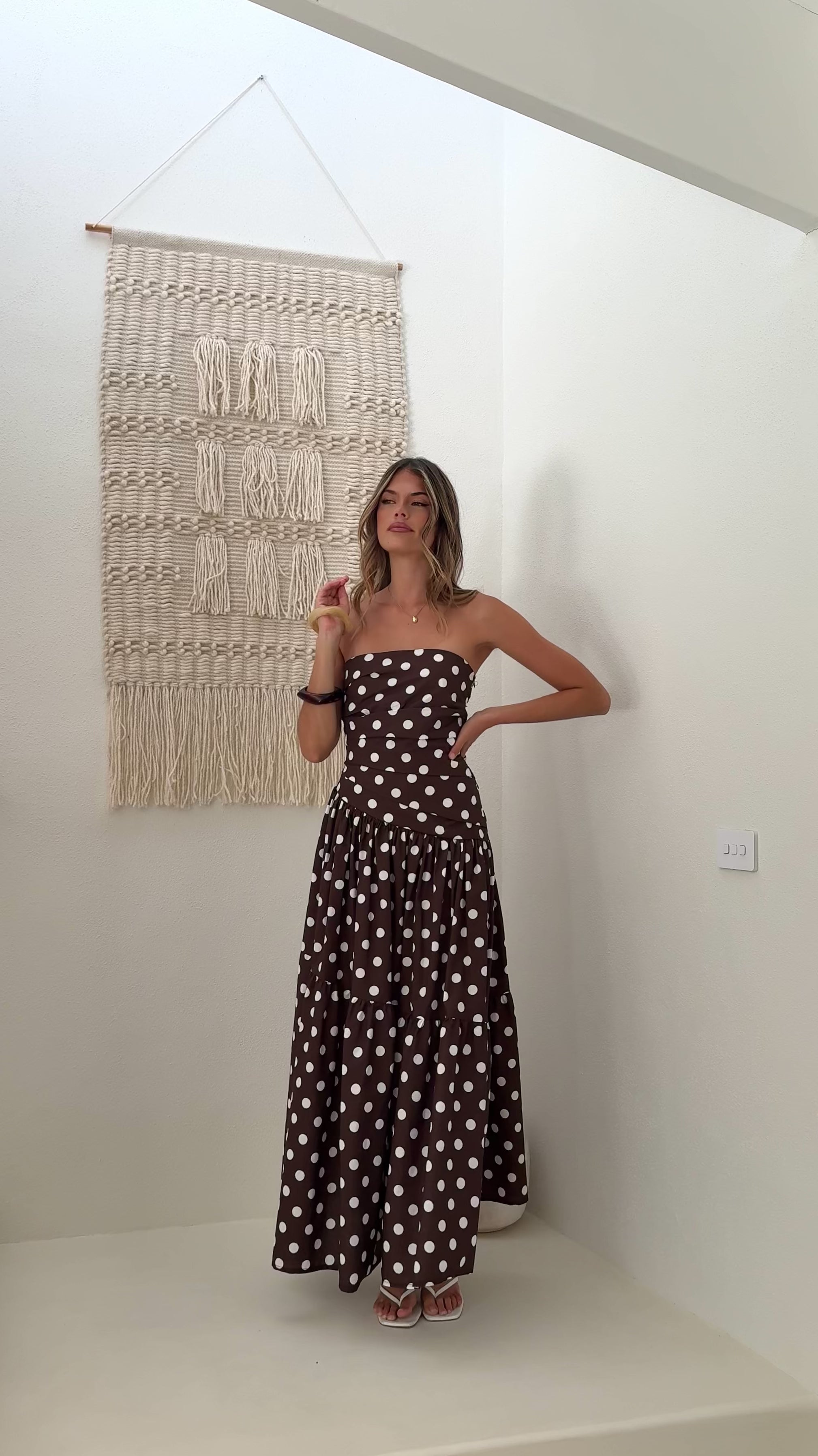 Load video: Lyra Maxi Dress - Brown/White Polka Dot - Billy J