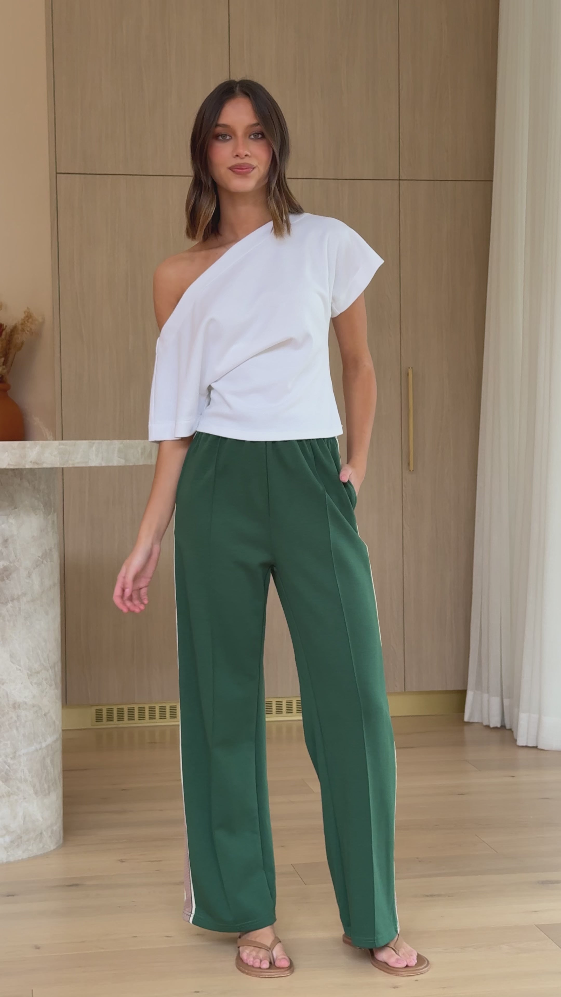 Load video: Isaiah Racer Stripe Pleated Trackpants - Green/Beige - Billy J