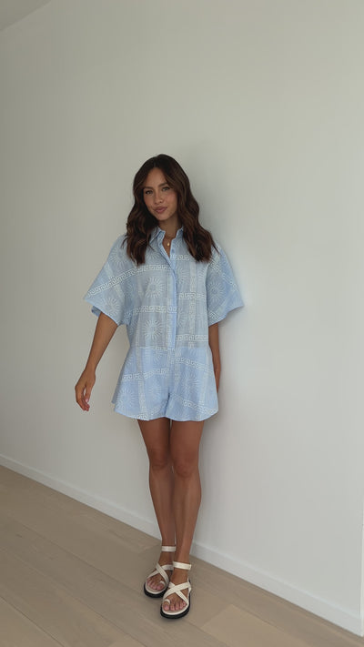 Load and play video in Gallery viewer, Aralyn Playsuit - Blue/White Print
