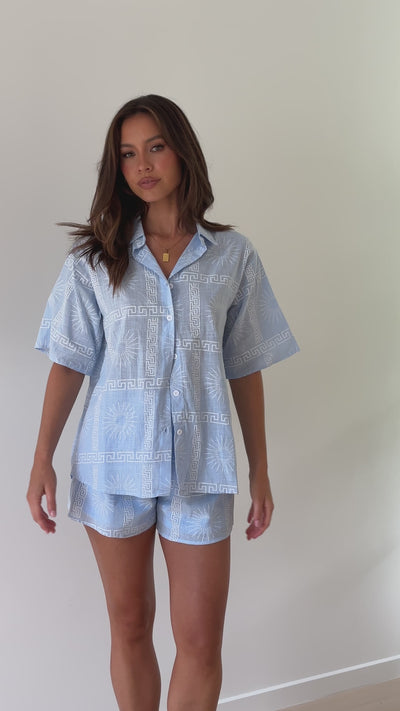 Load and play video in Gallery viewer, Charli Button Up Shirt and Shorts Set - Blue/White Print
