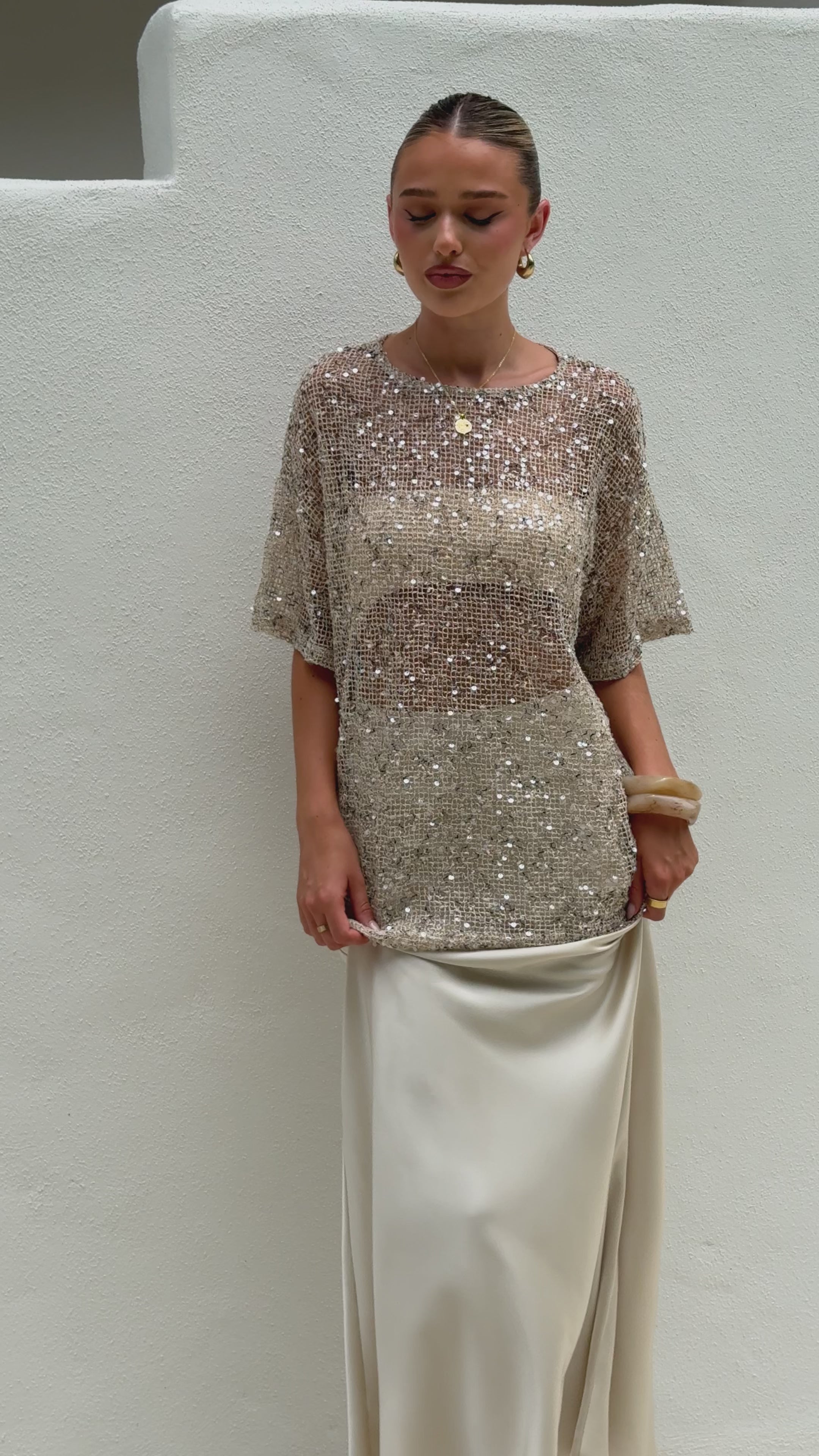 Load video: Zinnia Oversized Sequins Tee - Beige - Billy J