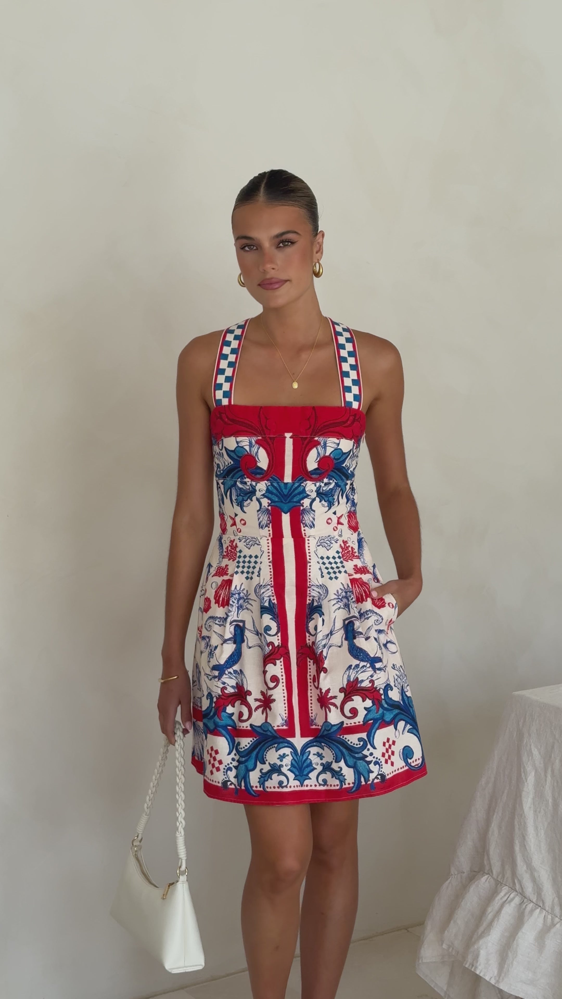 Load video: Melody Mini Dress - Blue/White Coastal - Billy J
