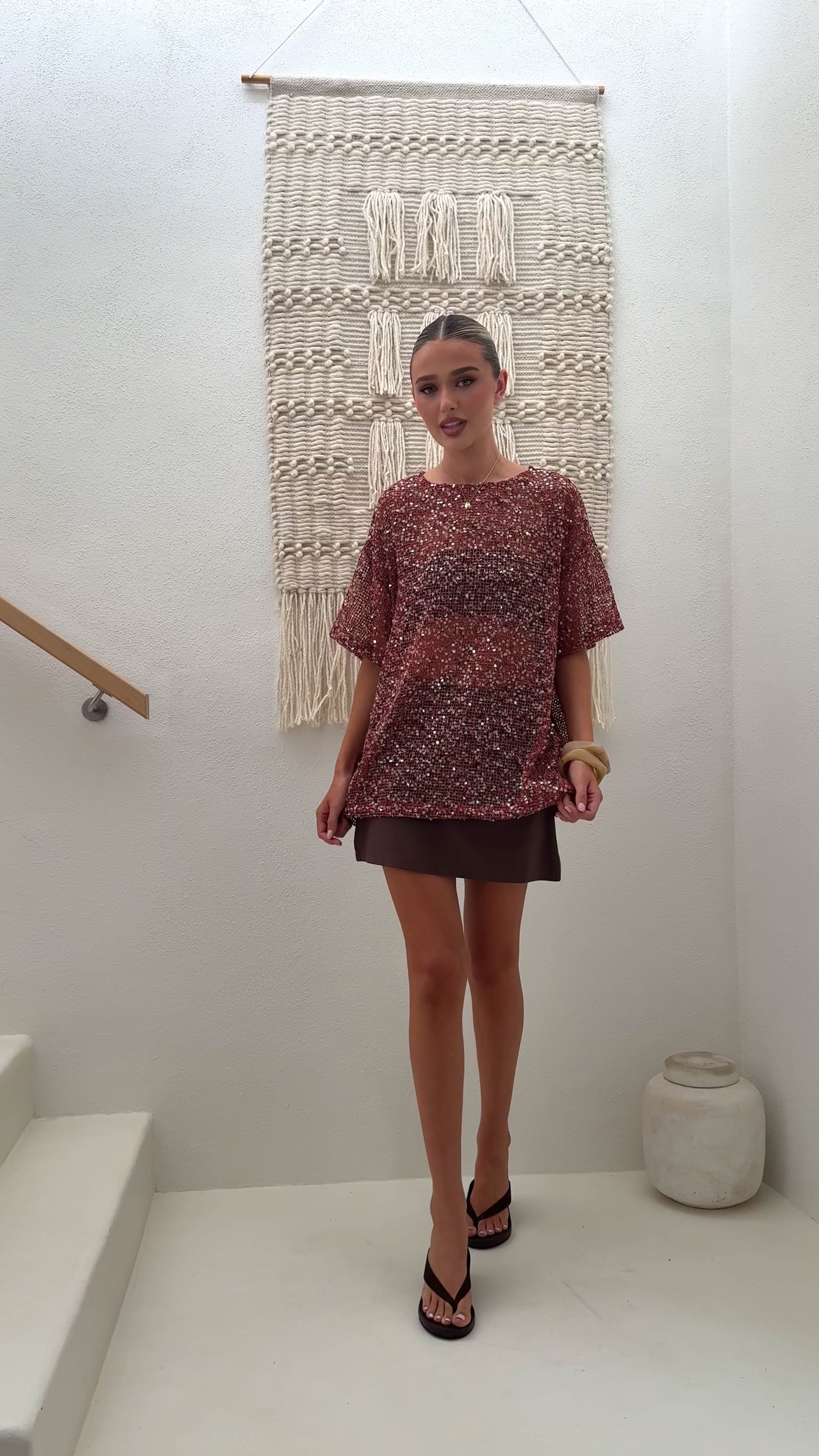 Load video: Zinnia Oversized Sequins Tee - Rust - Billy J