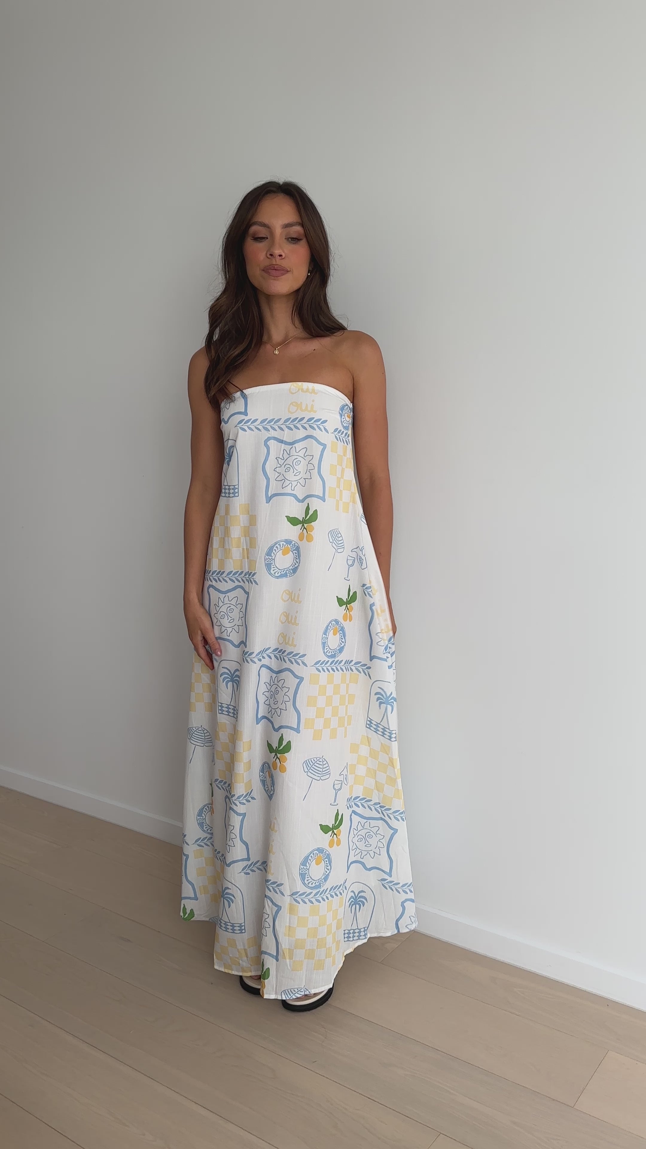 Connie Maxi Dress - Blue / Yellow Holiday Print