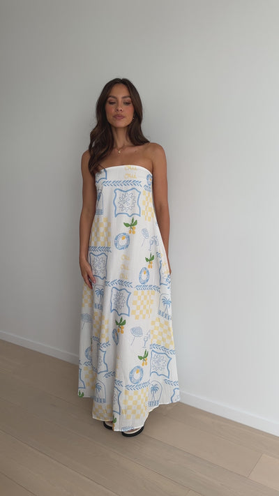 Load and play video in Gallery viewer, Connie Maxi Dress - Blue / Yellow Holiday Print
