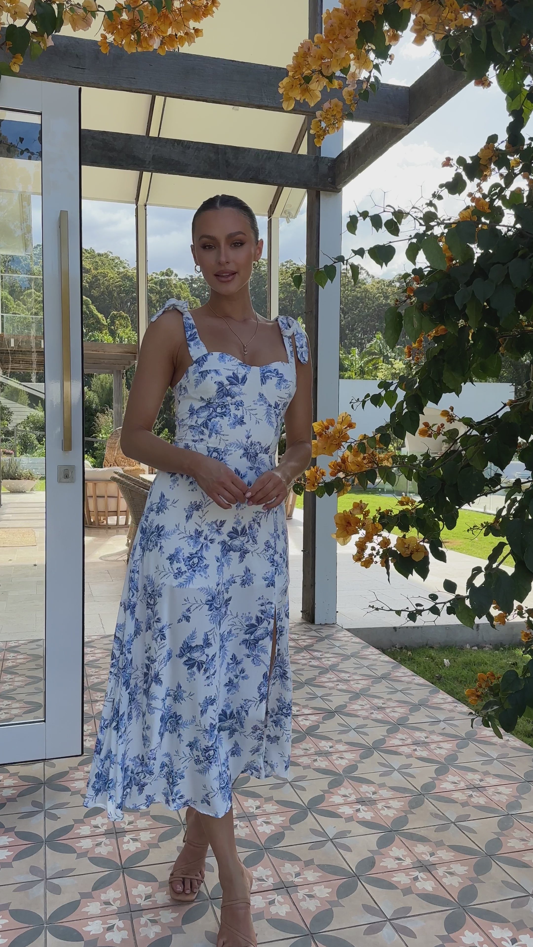 Alessandra Tie Up Midi Dress - Blue Floral
