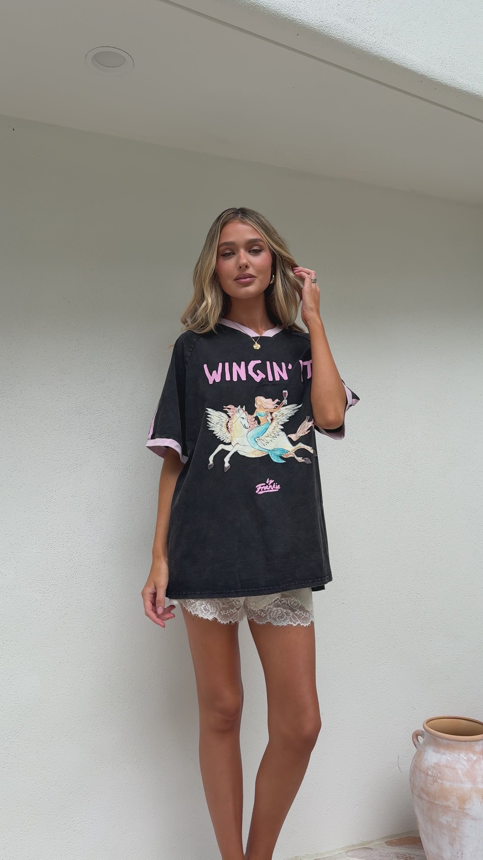 Wingin It Tee - Washed Black/Pink - Billy J