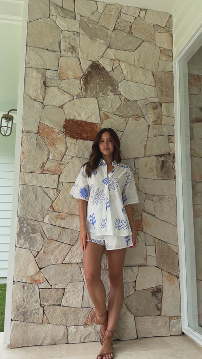 Load and play video in Gallery viewer, Charli Button Up Shirt and Shorts Set - White / Blue Bonjour
