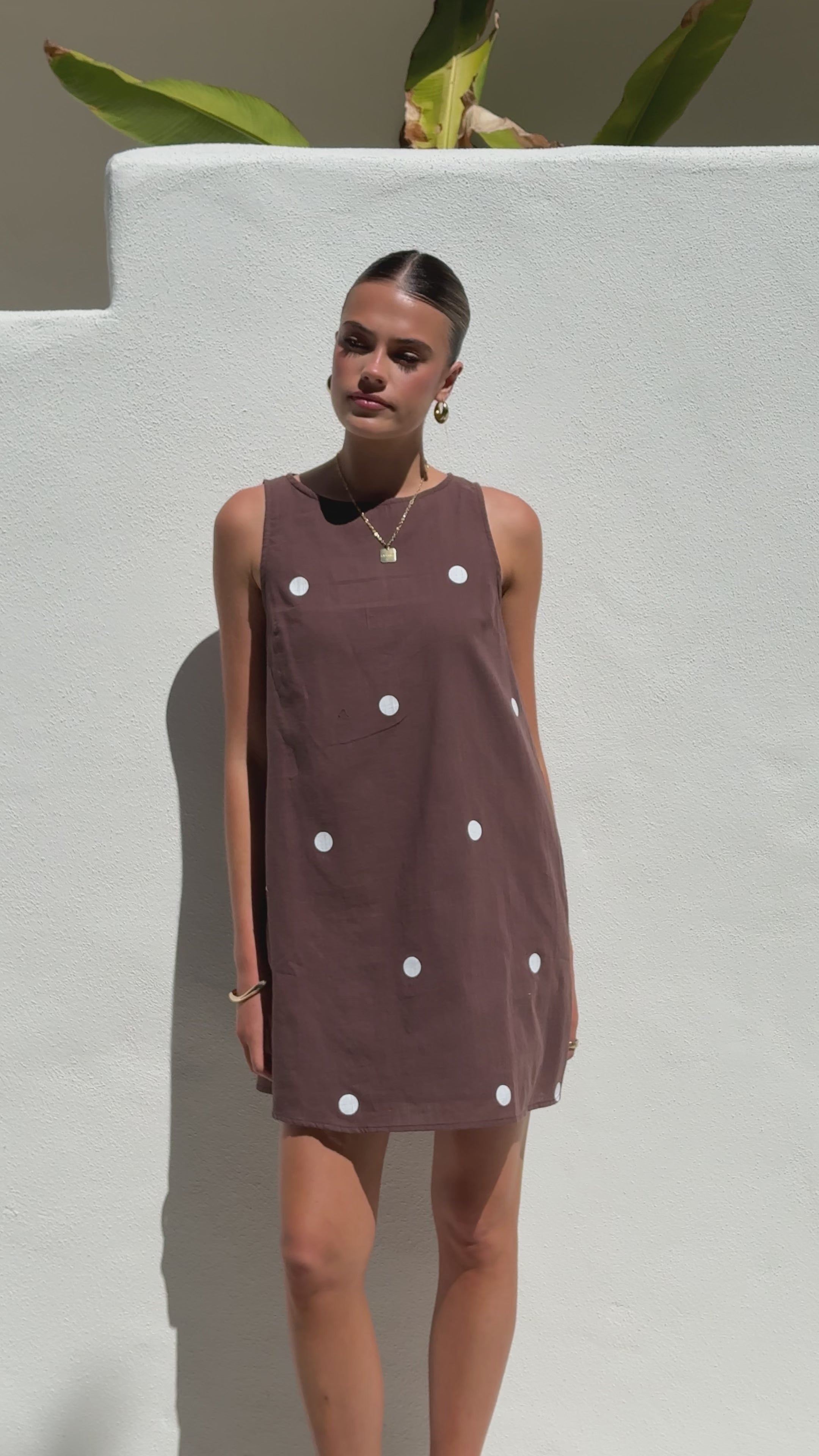 Load video: Natala Shift Mini Dress - Chocolate / White Polka Dot - Billy J