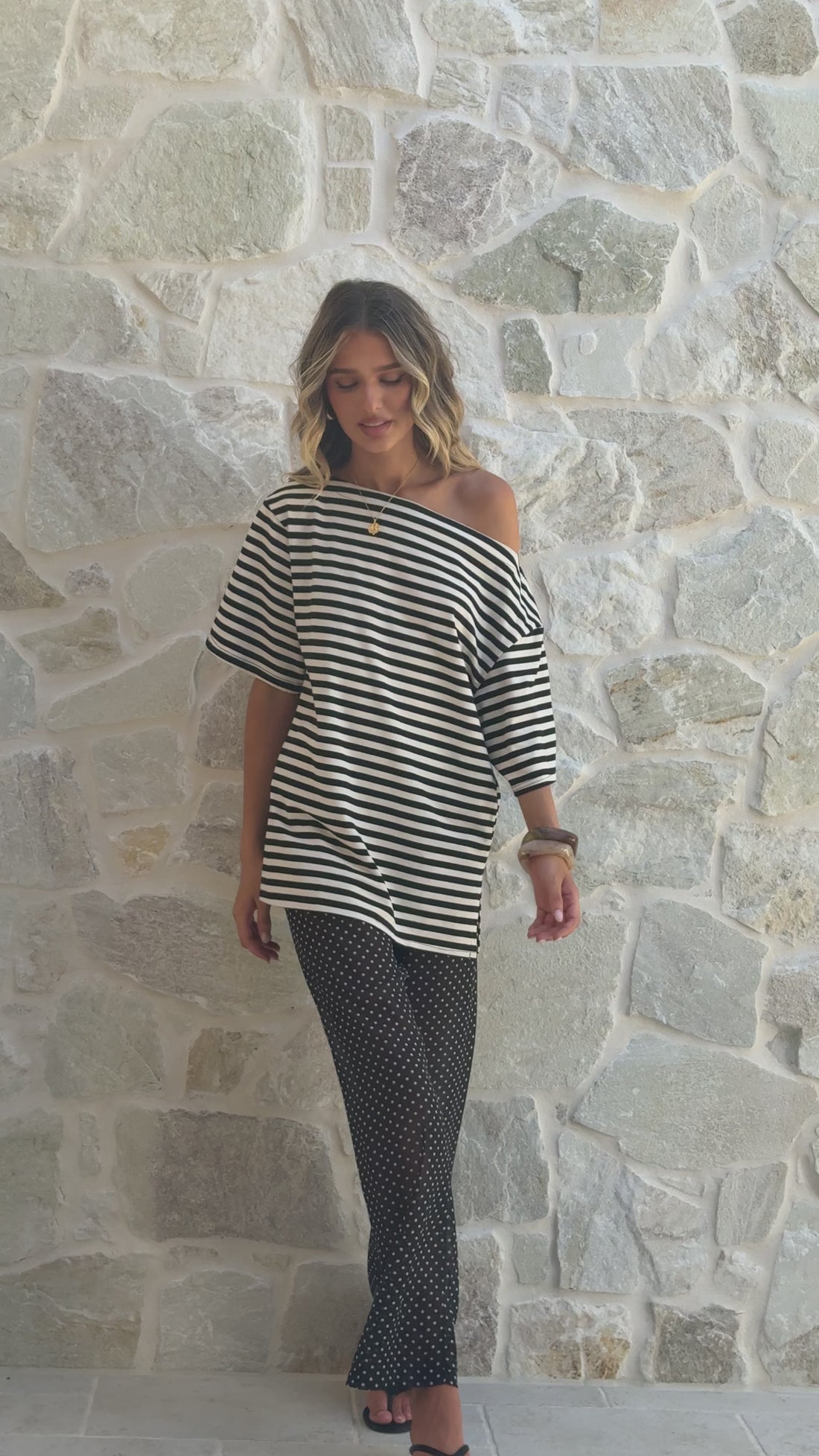 Pia One Shoulder Oversize Tee - Black/White Stripe - Billy J