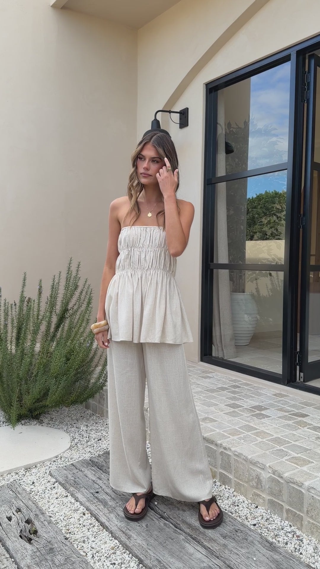 Load video: Maison Strapless Top &amp; Pants Set - Oat - Billy J