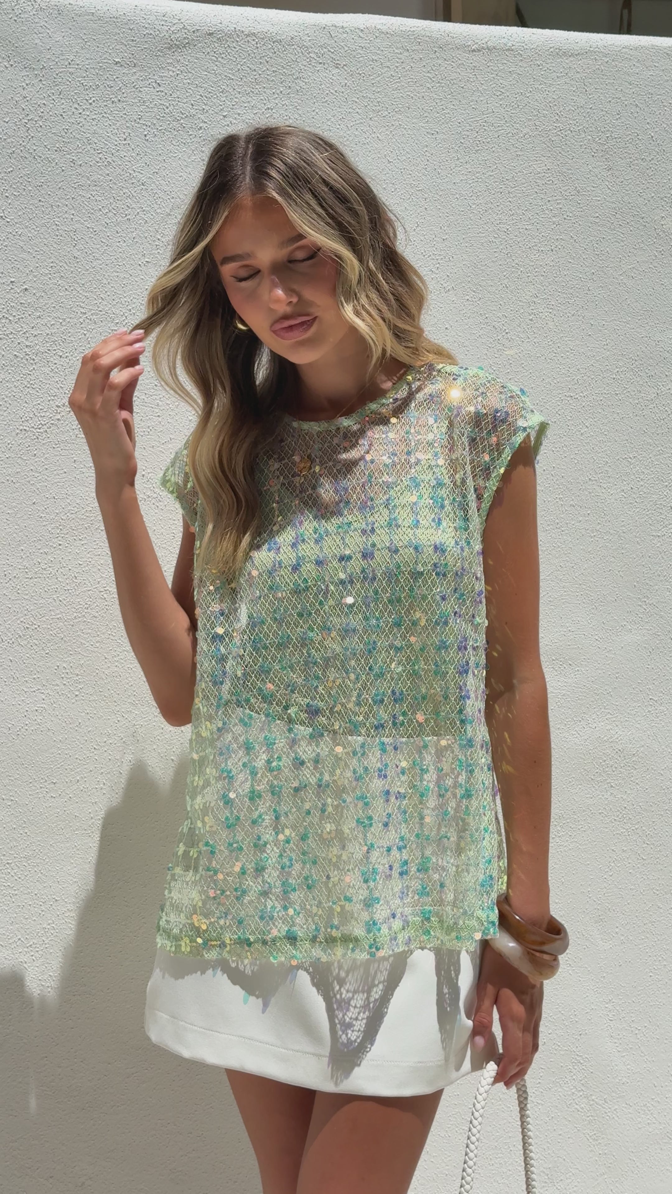 Load video: Mirin Sequin Top - Mint - Billy J