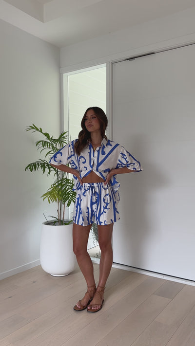 Load and play video in Gallery viewer, Charli Button Up Shirt and Shorts Set - White / Blue Tribal
