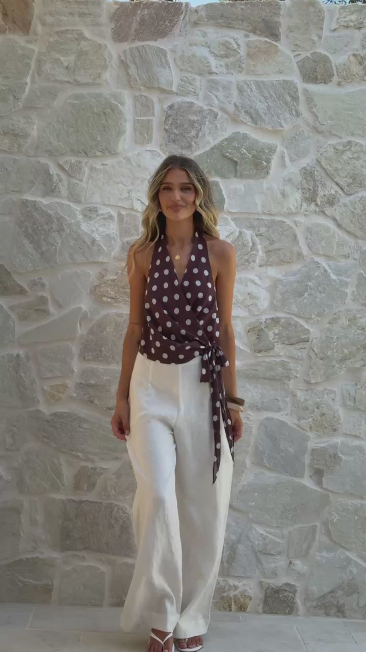 Belle Halter Neck Top - Choc/White Polka Dot - Billy J