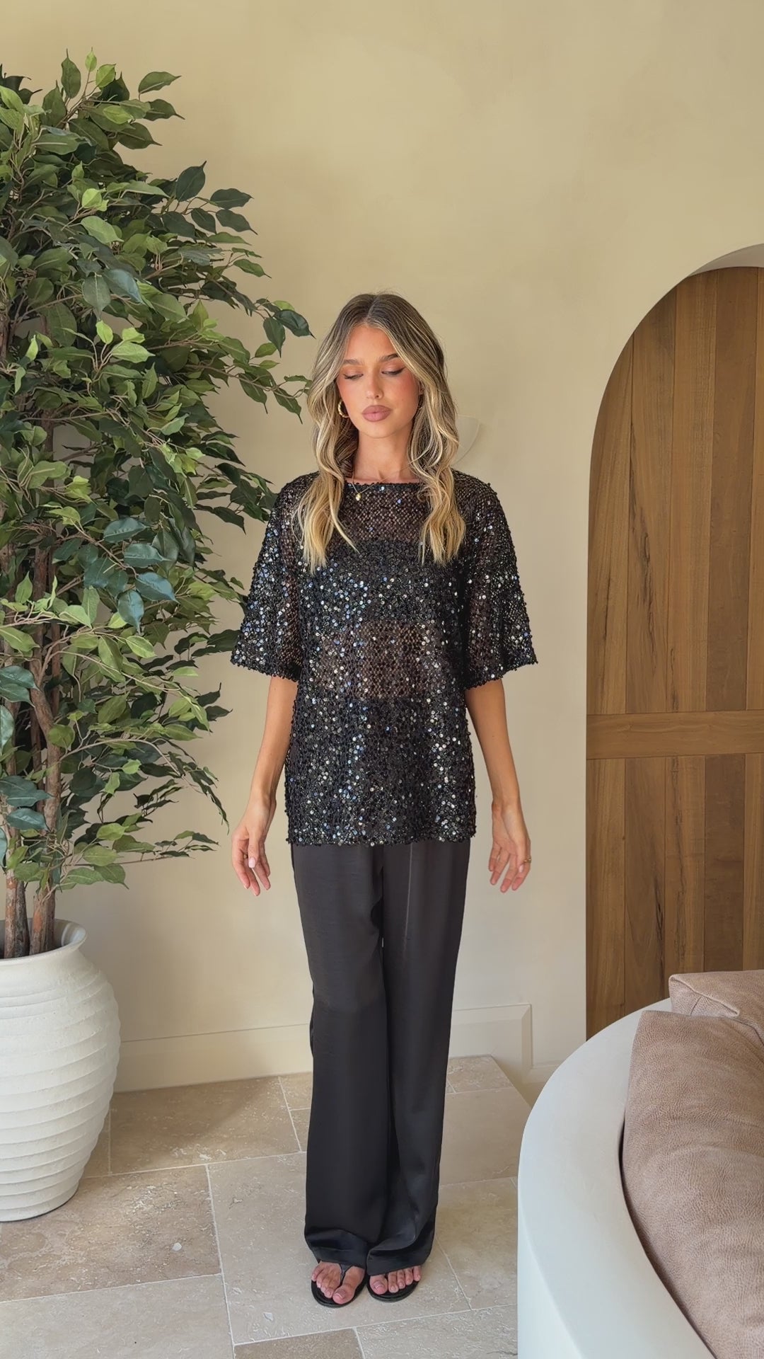 Load video: Varni Oversized Sequins Tee - Black - Billy J