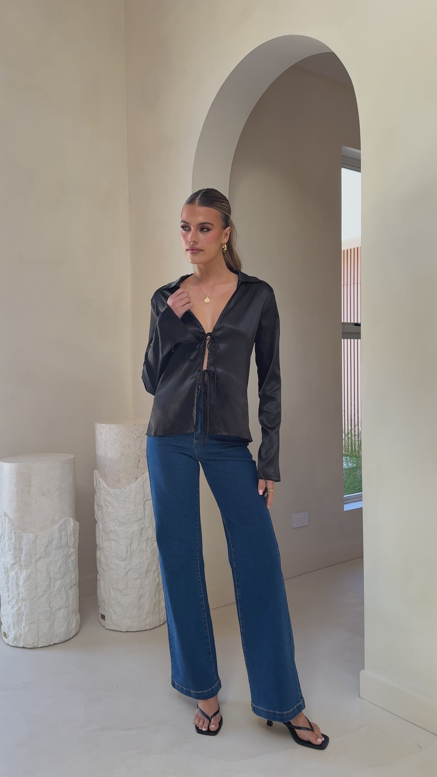 Darielle Tie Front Long Sleeve Top - Black - Billy J