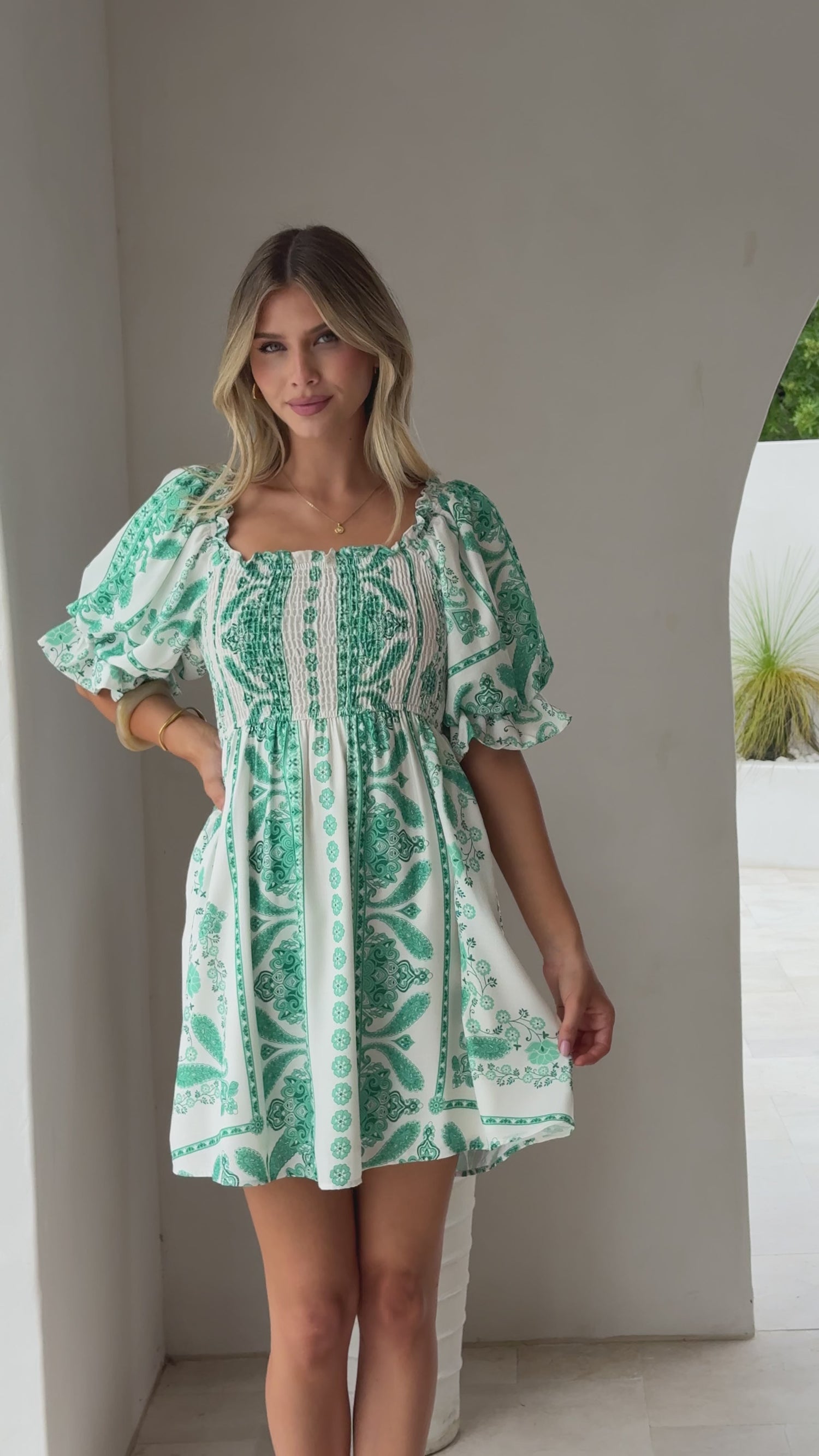 Danica Mini Dress - Green Aztec - Billy J